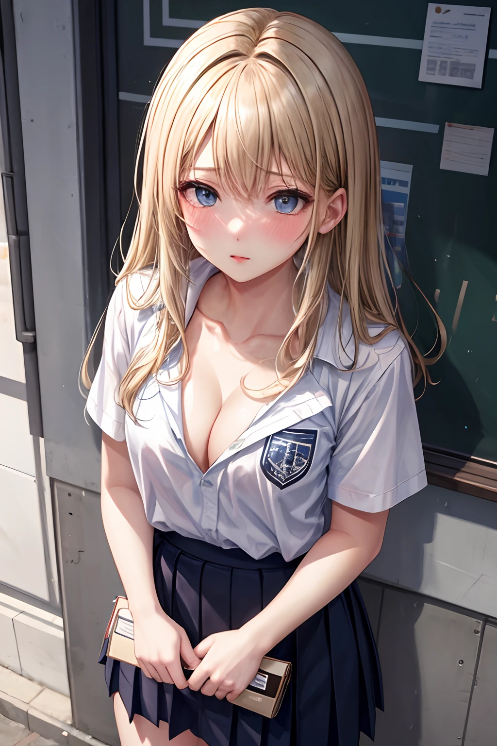 nsfw, (masterpiece, ultra-detailed, 8K)), (school shirts), pleated skirt, shiny blond hair, school ground, cleavage, small breast, blush, best quality