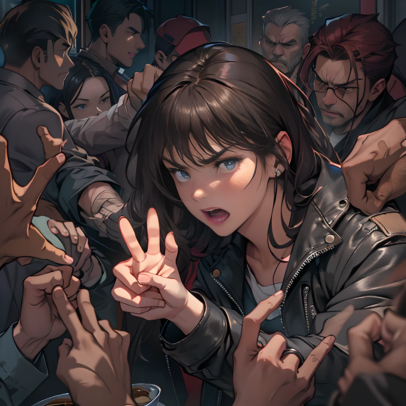 A young woman desperately held out her hand，Trying to stop an angry man in a leather jacket。The woman's eyes were filled with anxiety and confusion，leaning-forward，Facing abusive men。The man had an angry expression on his face，Fingers pointing at the woman，It seems to be accusing her。Surrounded by a crowded scene，People watched and talked about it。