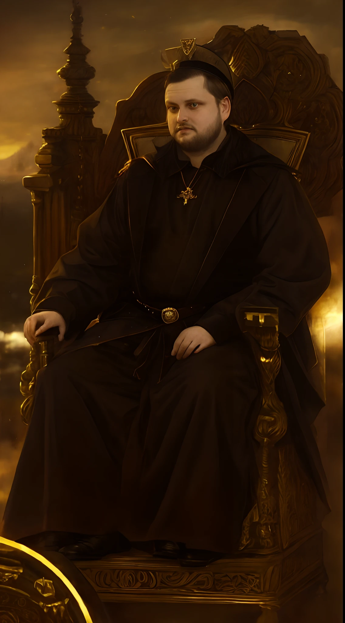 a kuplinov,complex background,magic, medieval royal clothing, gold crown, golden armor, made of gold, sits on a throne of gold