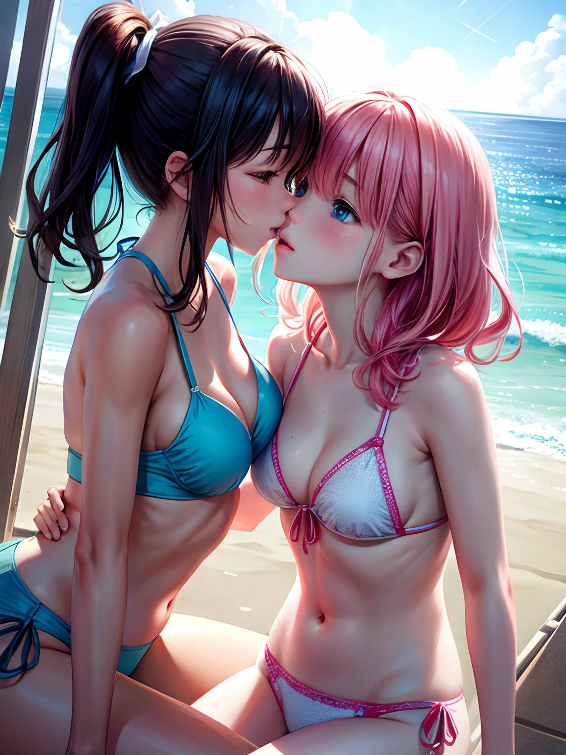 lighting like a movie、Girls kissing each other、the beach、The bikini、