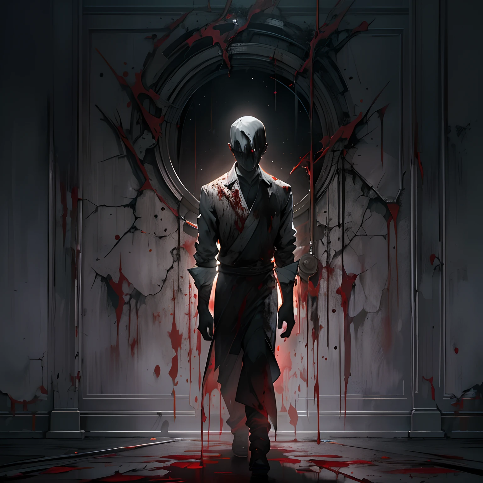 A twisted figure illuminated by a faint light in a dark room, with a human silhouette and strange transformations. A gloomy atmosphere permeates the surroundings, and the dripping bloodstains on the walls add a touch of horror, ,in the style of the stars art group xing xing, 32k, best quality, masterpiece, super detail, high details