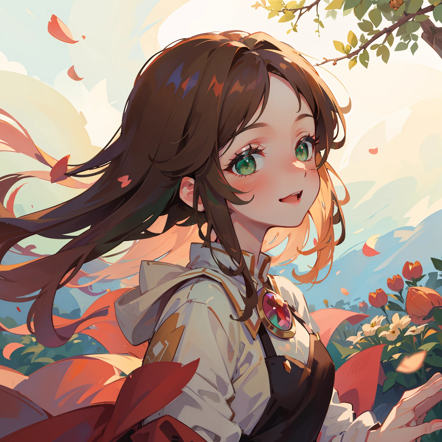 (masterpiece), best quality, beautiful detailed hair detailed face, ultra high res, sharp focus, ((1 woman, solo)), perfect feminine face, upper body, profile picture shot, ((beautiful almond shape eyes, green eyes)), garden, looking at the sky, smiles, chesnut brown hair, flowing long hair