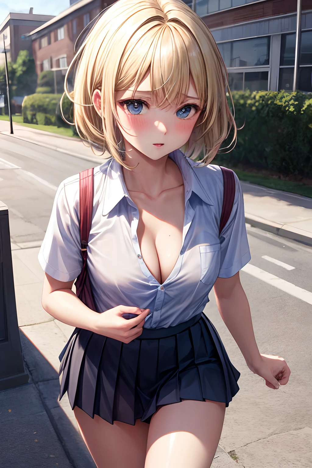 nsfw, (masterpiece, ultra-detailed, 8K)), (school shirts), pleated skirt, shiny blond hair, short hair, school ground, cleavage, small breast, blush, best quality, first button empty shirts