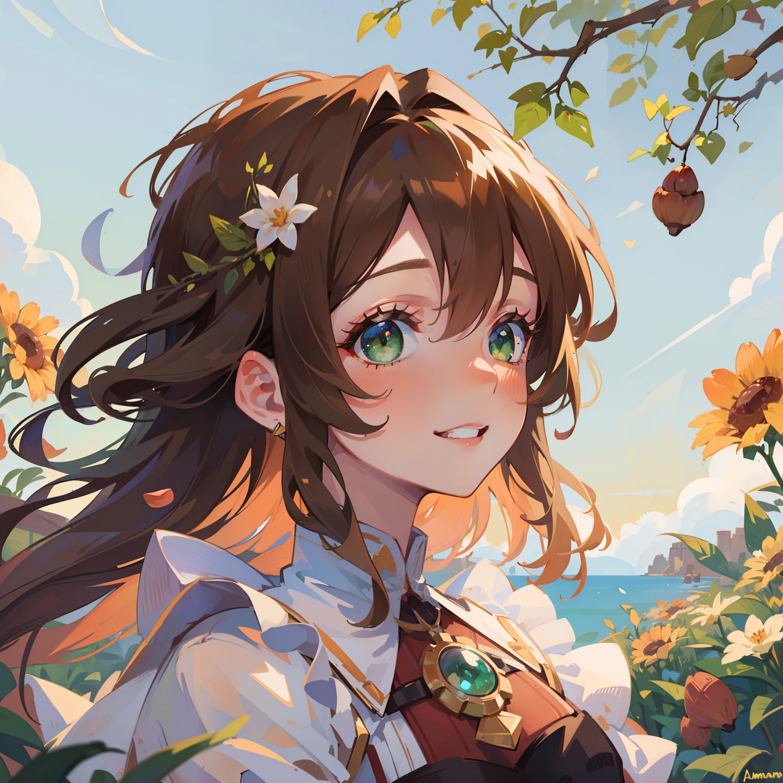 (masterpiece), best quality, beautiful detailed hair detailed face, ultra high res, sharp focus, ((1 woman, solo)), perfect feminine face, upper body, profile picture shot, ((beautiful almond shape eyes, green eyes)), garden, looking at the sky, smiles, chesnut brown hair, flowing long hair