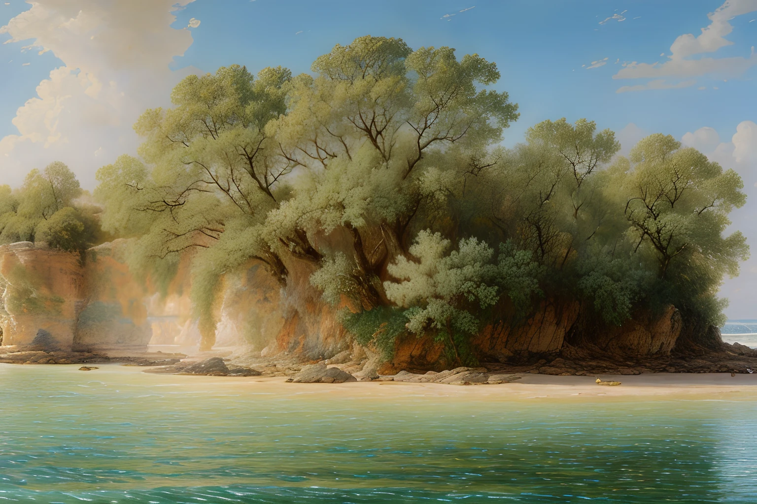 paysage mer, Eau, fleurs, (Highly detailed CG Unit 8k wallpaper), The most beautiful work of art in the world, Professional majestic oil painting, complexe, High detail, mise au point nette, dramatique, Art of photorealist painting, alma tadema