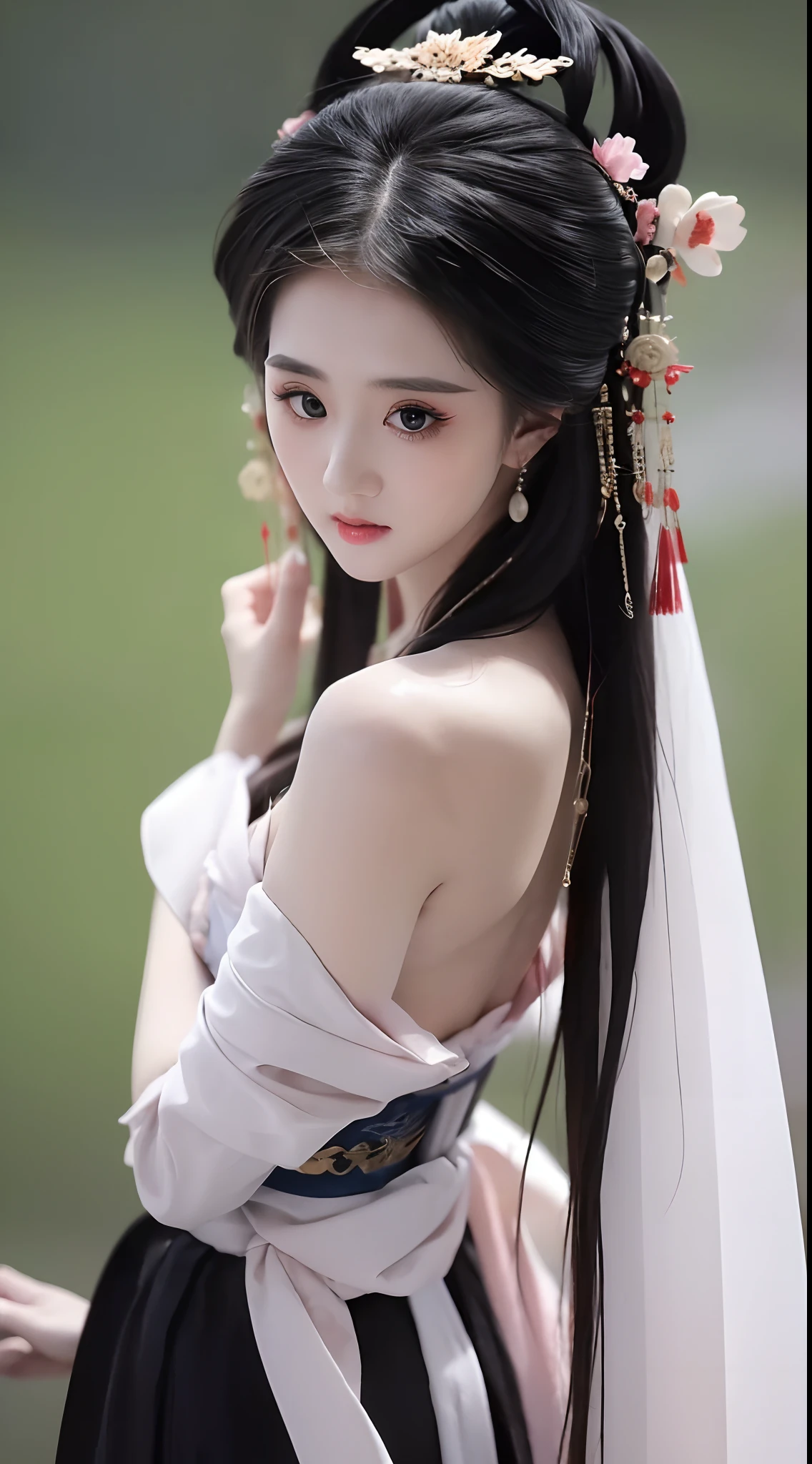 1 beautiful girl, long black hair, black eyes, Ancient Chinese style bun, wearing a thin silk shirt of ancient China, appears shoulders and head in the photo, (pout, embarrassed, small face makeup detailed and very beautiful, Enlarged breasts, regular round breasts, breast augmentation, balanced breasts, big boobs, blush, from front, from above, looking at viewer, upturned eyes, masterpiece, top quality, best quality, official art, unity 8k wallpaper, highres, ultra-high res, ultra-detailed, (photorealistic:1.2), alone, solo, Only 1 girl, style hanfu Dunhuang,