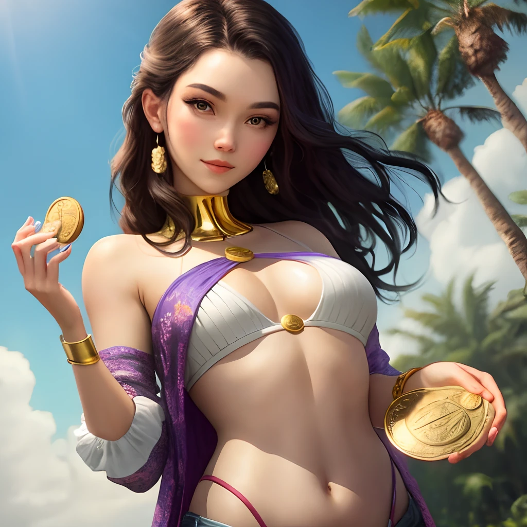 y beauty holding gold coins