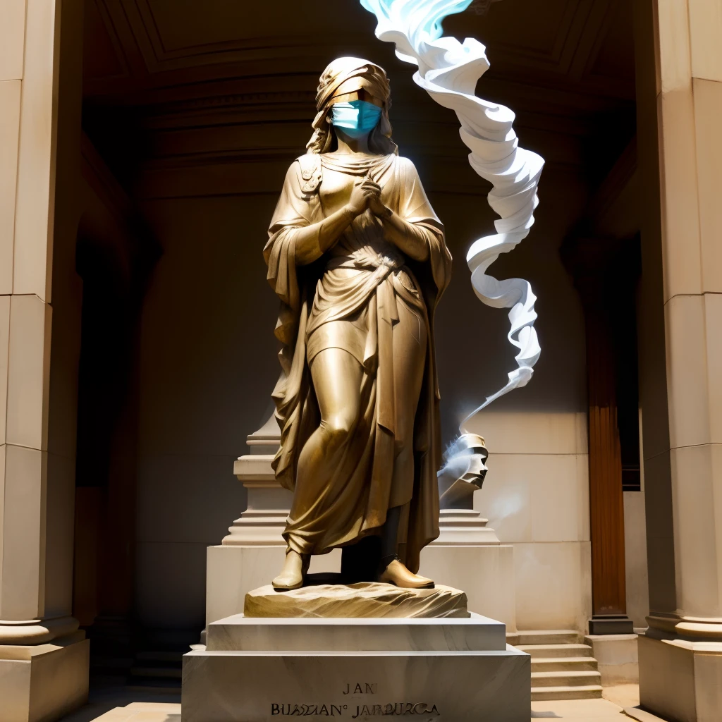 Stone statue of Brazilian Justice blindfolded, sentada, fumando um cigarro