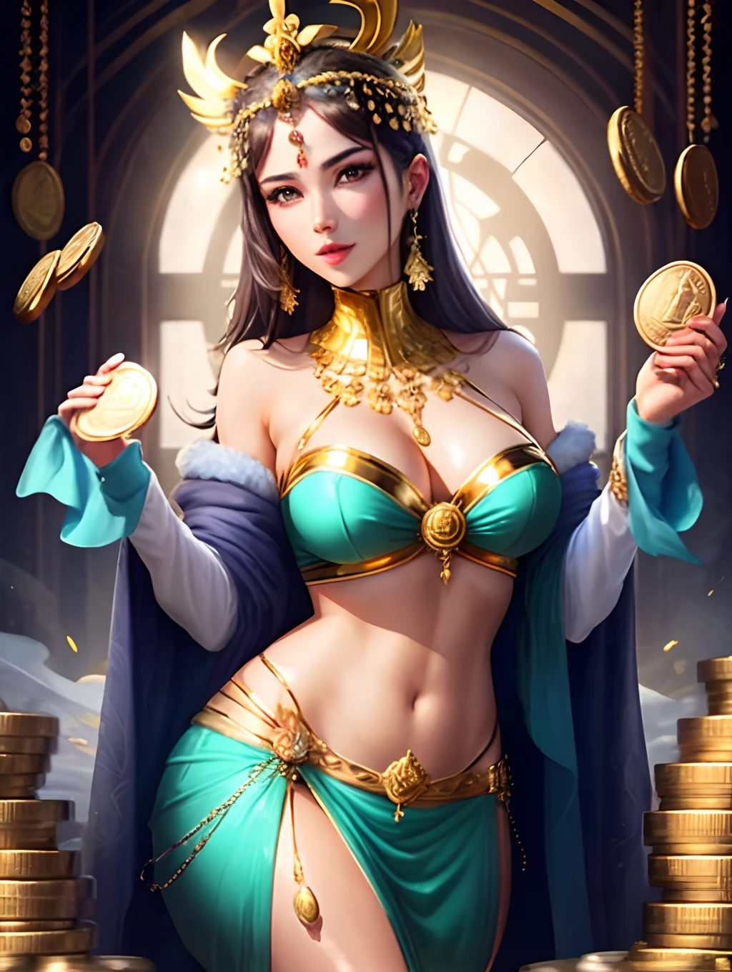 Sexy goddess holding gold coins in her hand
