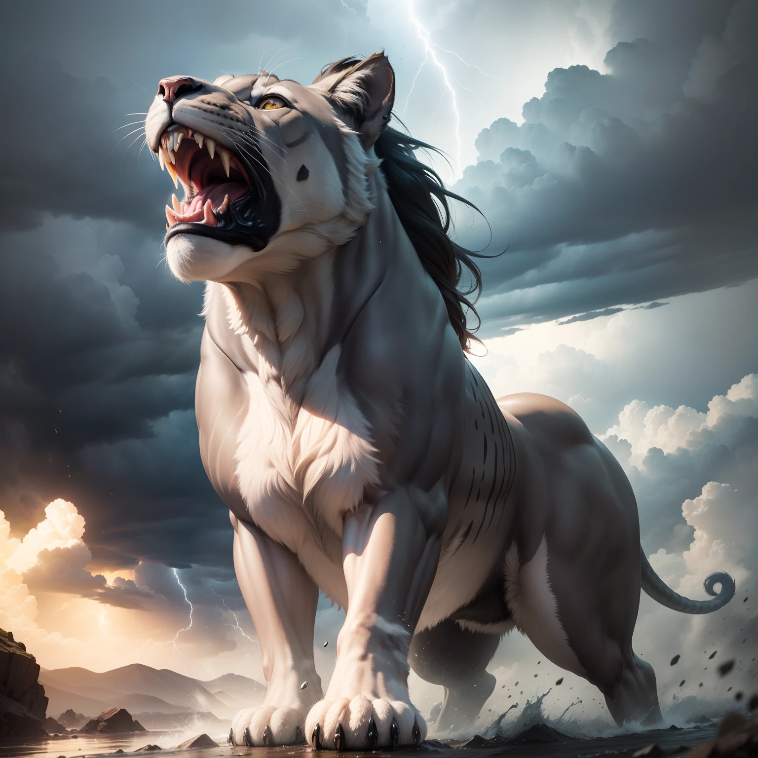 Super detailed hyper realistic master pièce of a great Legendary roaring lion Dynamic shot with thunder storm