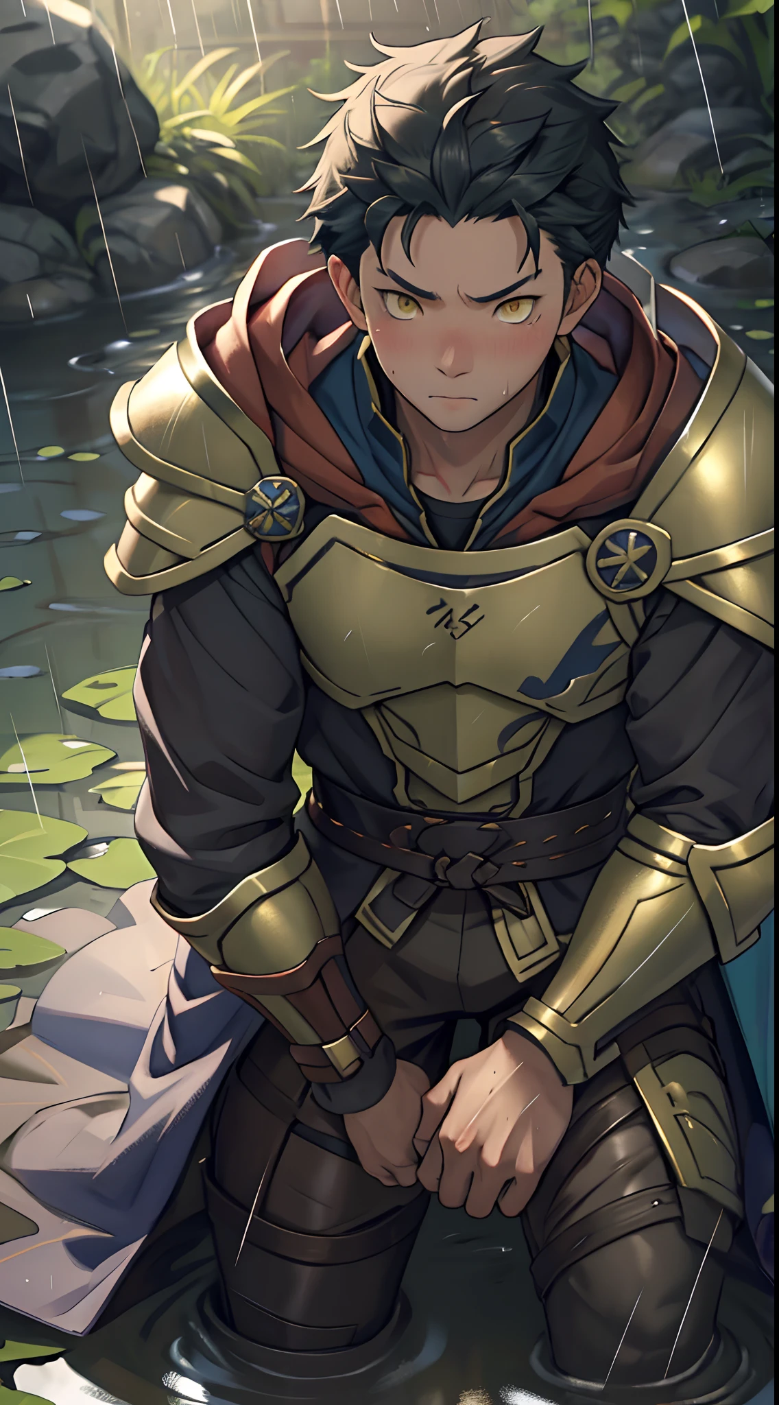（1 Adult male），Hector Fey，A high resolution， Sharp focus， Pixiv masterpiece， （（Complicated details））， highly  detailed， natsuki_subaru， 1 man，Lying in the mud， Lazy，full bodyesbian， Yellow eyes（eyes glowing）， Short blue hair，Cloak，Armour，Shoulder armor，perspire，rain，Drenched，Sweaty crotch，look from down