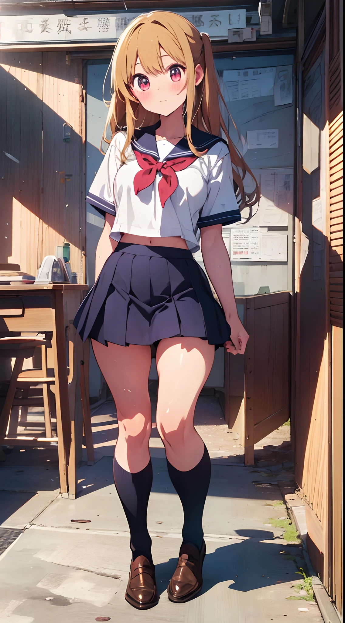 The main girl is beautiful and cute, "neat and bright slope school uniform coordination", full body, full body illustration, best illustration, realistic and elaborate uniform, high school uniform, elementary school student, ((highest quality)), ((masterpiece)), (detail: 1.4), anatomical, award-winning concept art, beautiful, fine details, portrait, look at the viewer, (show full body)), 1 girl, full body, solo, 6 years old, Schoolchildren, child actors, golden hair, blonde, semi-long hair, red and pink eyes, big eyes, the pupil of the left eye is star-shaped, Characteristic left eye pupil, left eye pupil clear, left eye pupil detailed, cute underwear, panties, skirt, silk panties, wet shirt, wet clothes, skirt lift, blush, classroom, navel out, clothes lift, easy background, lifting clothes, white shirt, uniform, blazer, Japan cute uniform, look away, short sleeves, ****, elementary school, main girl is beautiful and cute, ****, baby face, cute, young, young, young, young appearance, fantastic visual depiction, professional effect, beautiful girl, petite girl, sweaty transparent clothes, unevenness, absurdity, unevenness, uniform is the oldest girls' school Japan based on Christianity along with the girls' academy, Very cute in traditional uniform", "Very cute sailor suit for both summer and winter clothes", heel-up loafers, golden hair, the main girl is beautiful and cute