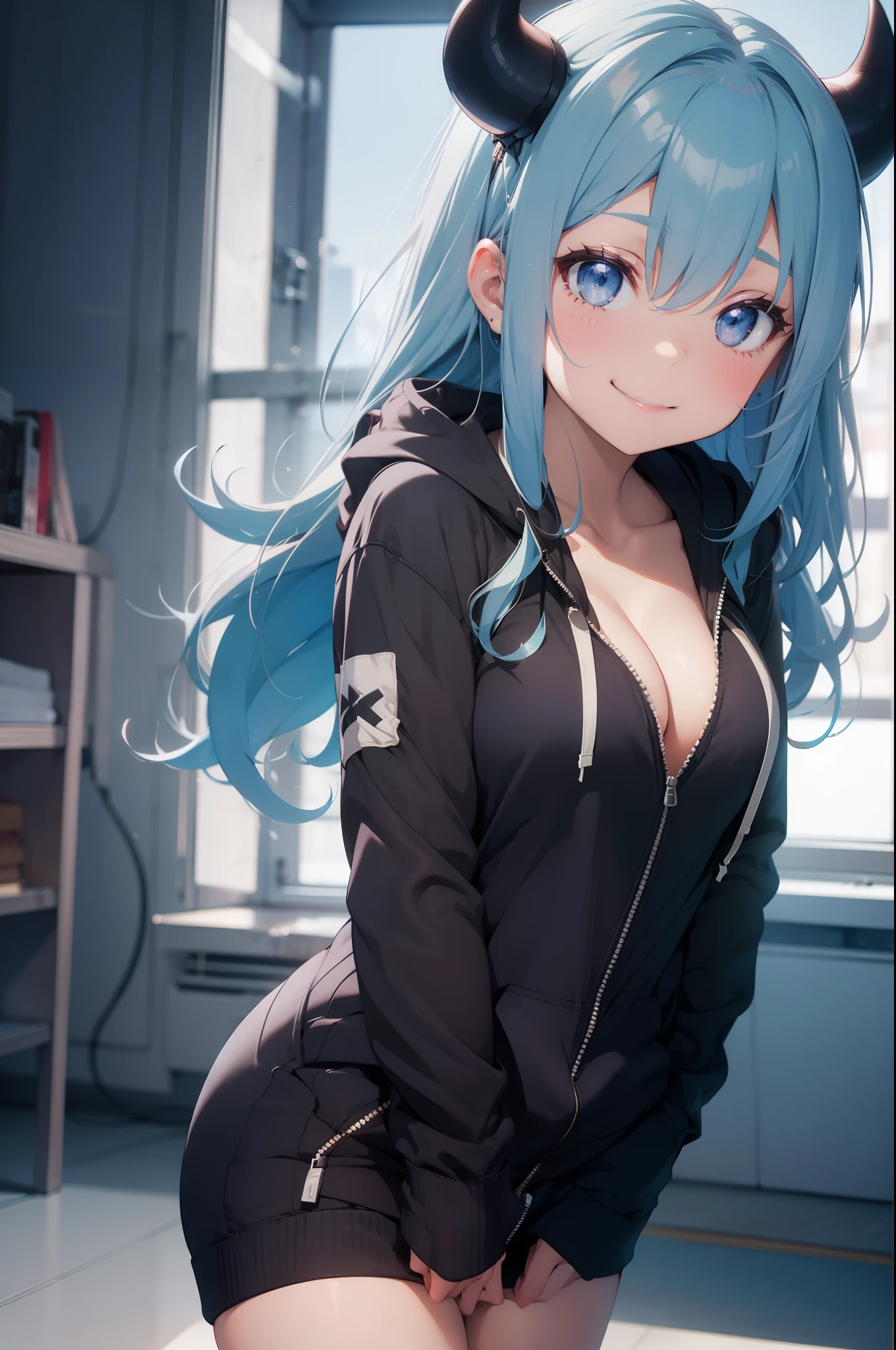 cute chubby girl, 24 years old, long hair, erotic smile, leg shot, hands in pocket, (zip up hoodie:1.2), oversized hoodie, cleavage, bottomless, (no-bra:1.1), light blue hair, demon horns, blush, Nikon, 85mm, dutch angle, UHD, from back