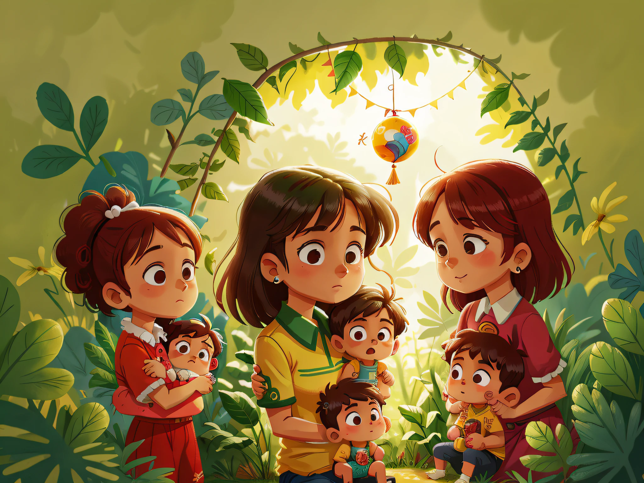 A traditional Brazilian family, Christian with mother a son in her lap and two 3-year-old twin boys, todos morenos.