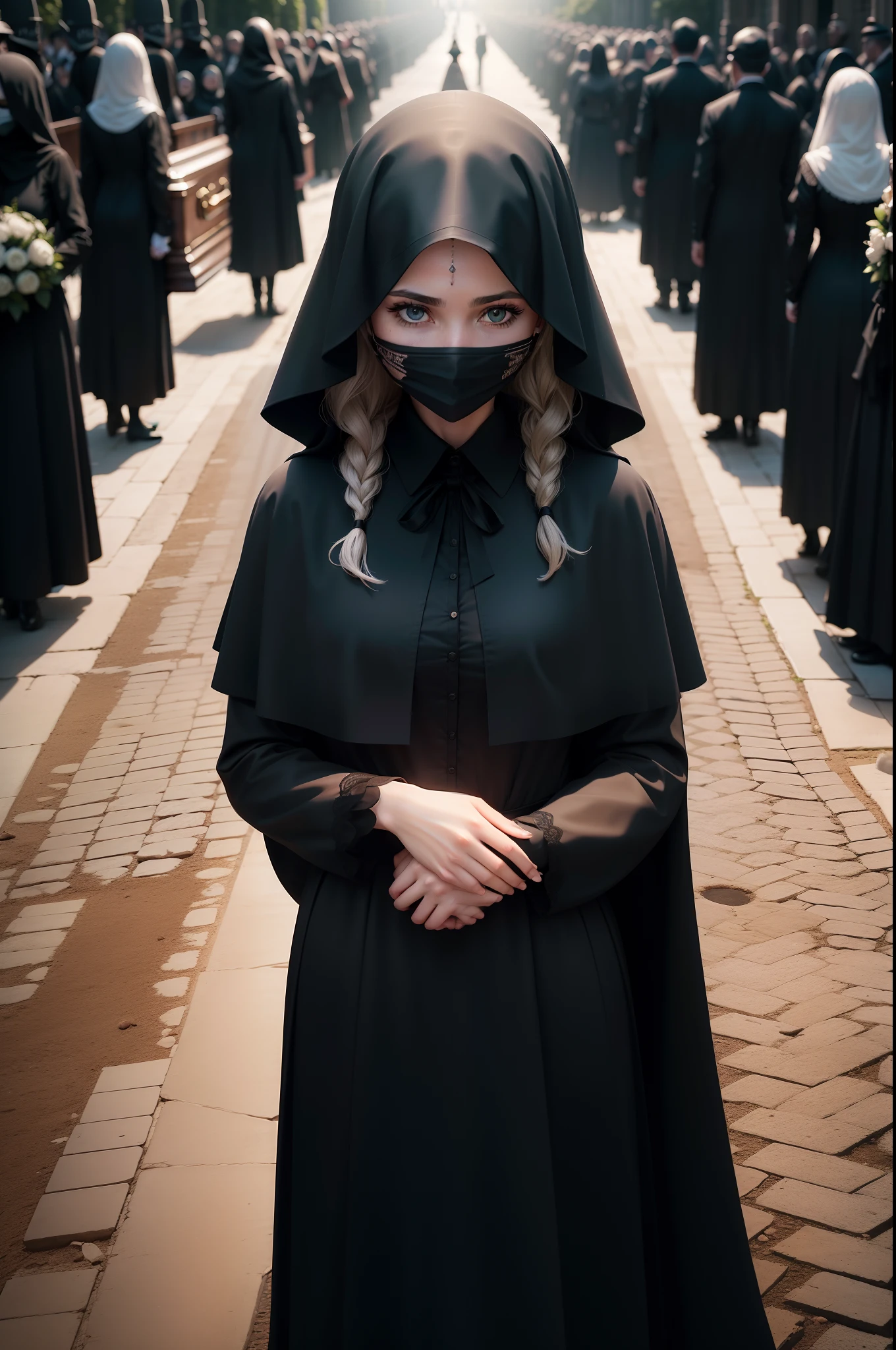 woman in black veil covering her face with people singing dressed in black near a coffin, em um funeral (obra-prima) (8k high resolution) (melhor qualidade) (Ultra Definition) (Ultra realista)(Foto RAW) (Foto realista) (bright illumination)