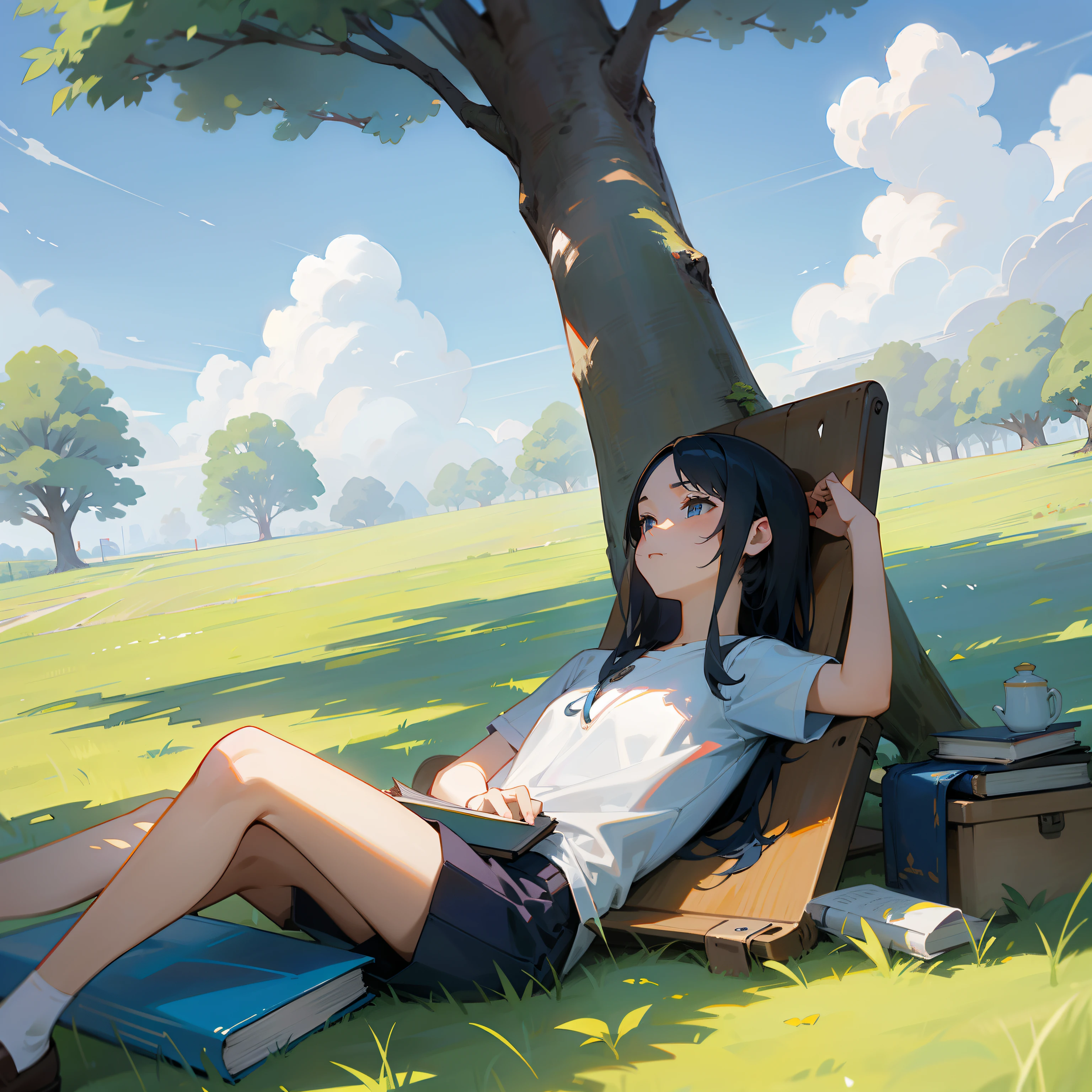 with blue sky and white clouds,The tree, shoun,catss,laid back,grassy fields,book,having picnic