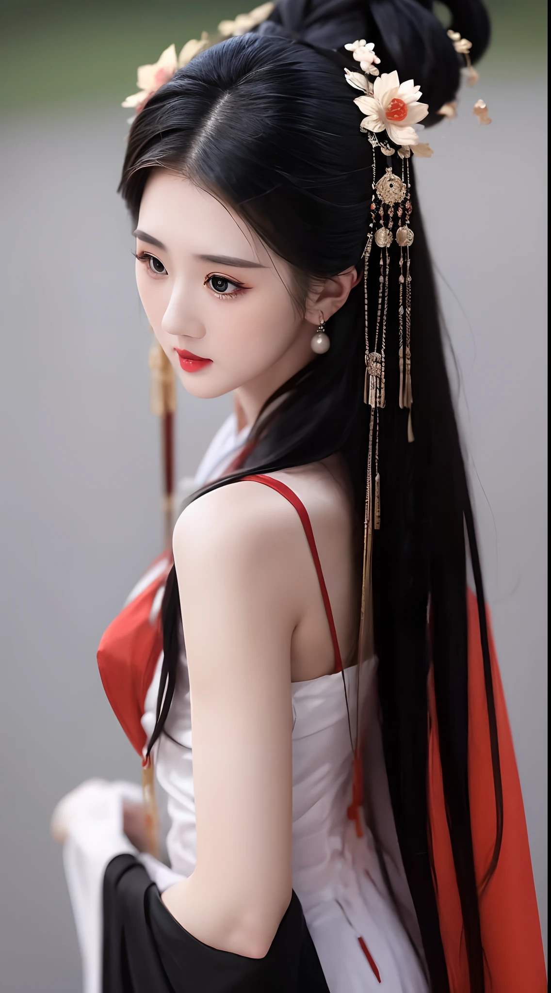 1 beautiful girl, long black hair, black eyes, Ancient Chinese style bun, wearing a thin silk shirt of ancient China, appears shoulders and head in the photo, 
plump red lips, pout, mouth shut, embarrassed, small face makeup detailed and very beautiful, Enlarged breasts, regular round breasts, breast augmentation, balanced breasts, big boobs, blush, from front, from above, looking at viewer, upturned eyes, masterpiece, top quality, best quality, official art, unity 8k wallpaper, highres, ultra-high res, ultra-detailed, (photorealistic:1.2), alone, solo, Only 1 girl, style hanfu Dunhuang,