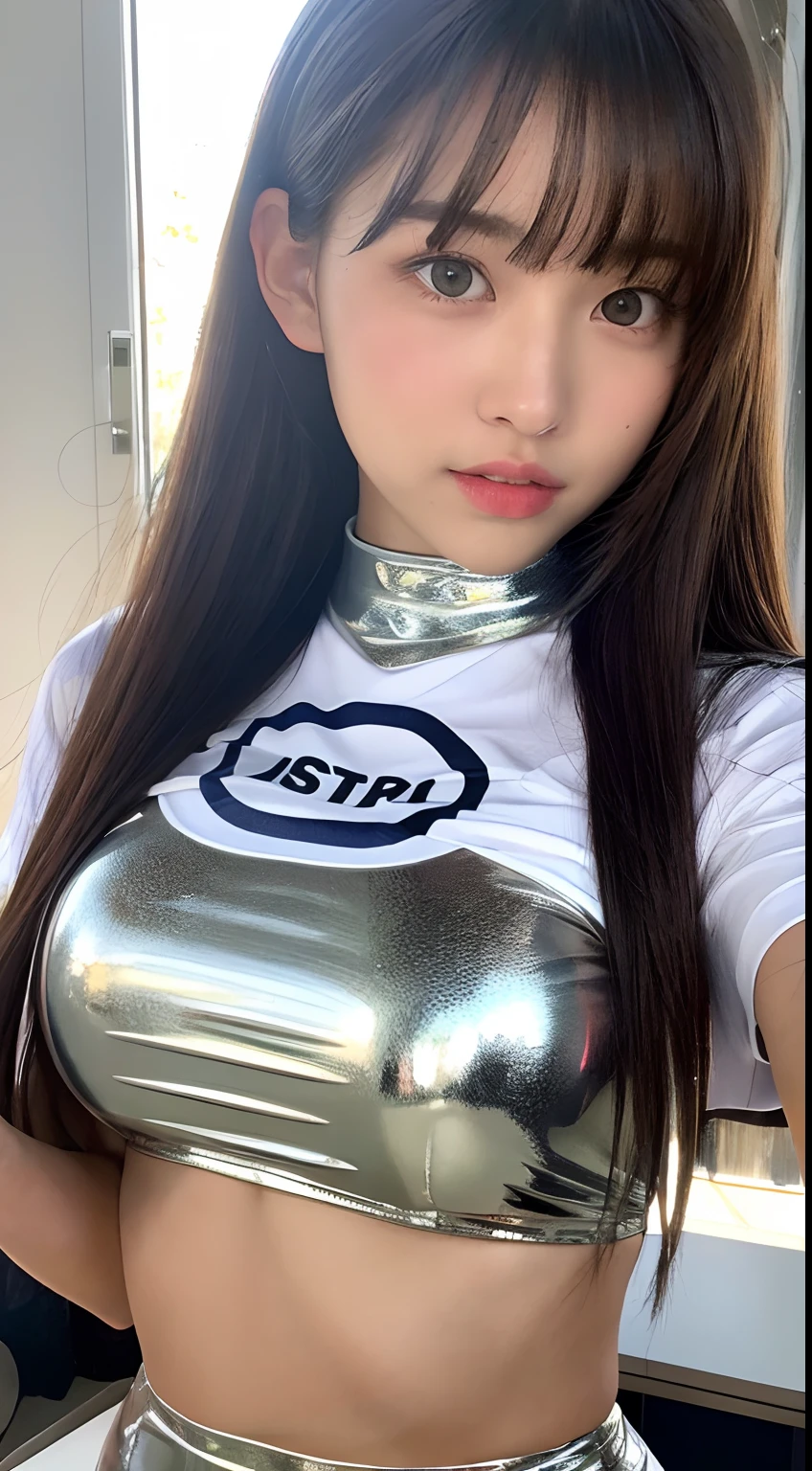 College girl and one short boy, college girl wearing sexy shiny training gear is grabbed by the boy next to her by the top of her chest (college girl in shiny truck costume, best quality, high definition, 8k, 1girl, (huge breasts :0.8), sun, bright,(satin training gear :1.8, high neck: 1.5, dark grey: 1.8 ), (bangs, side tails), (upper body: 2.5) soft lighting, wind, shiny skin, looking at the viewer, seductive expression), a boy is grabbing the top of the breast of a beautiful college girl next to him with his hand (T-shirt, shorts, grabbing the top of a woman's breasts with his hand)