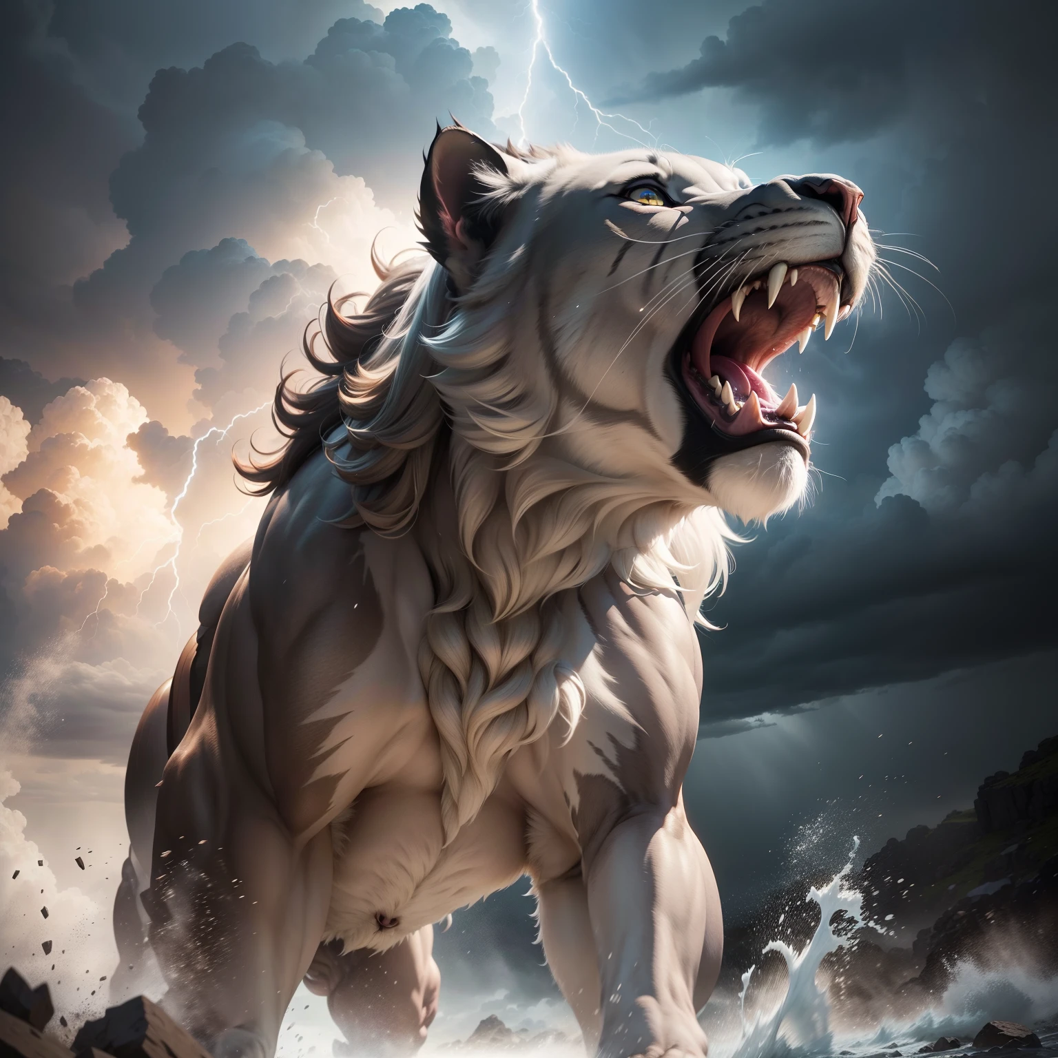 Super detailed hyper realistic master pièce of a great Legendary roaring lion Dynamic shot with thunder storm