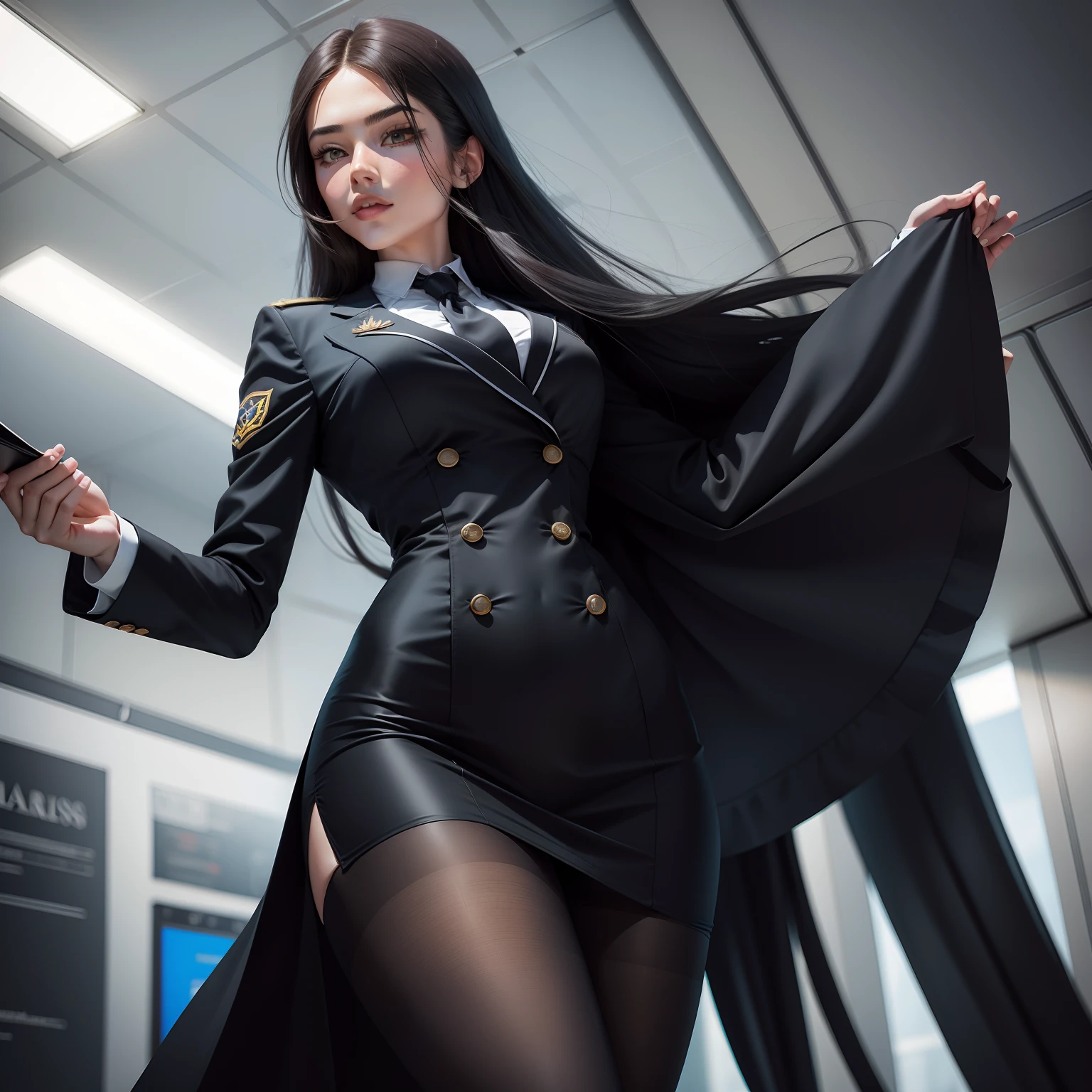 Long hair and waist，Peerless looks，flightattendantuniform，Black silk tights