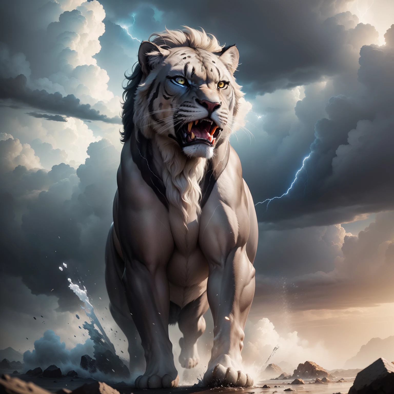 Super detailed hyper realistic master pièce of roaring lion with thunder storm Epic scene