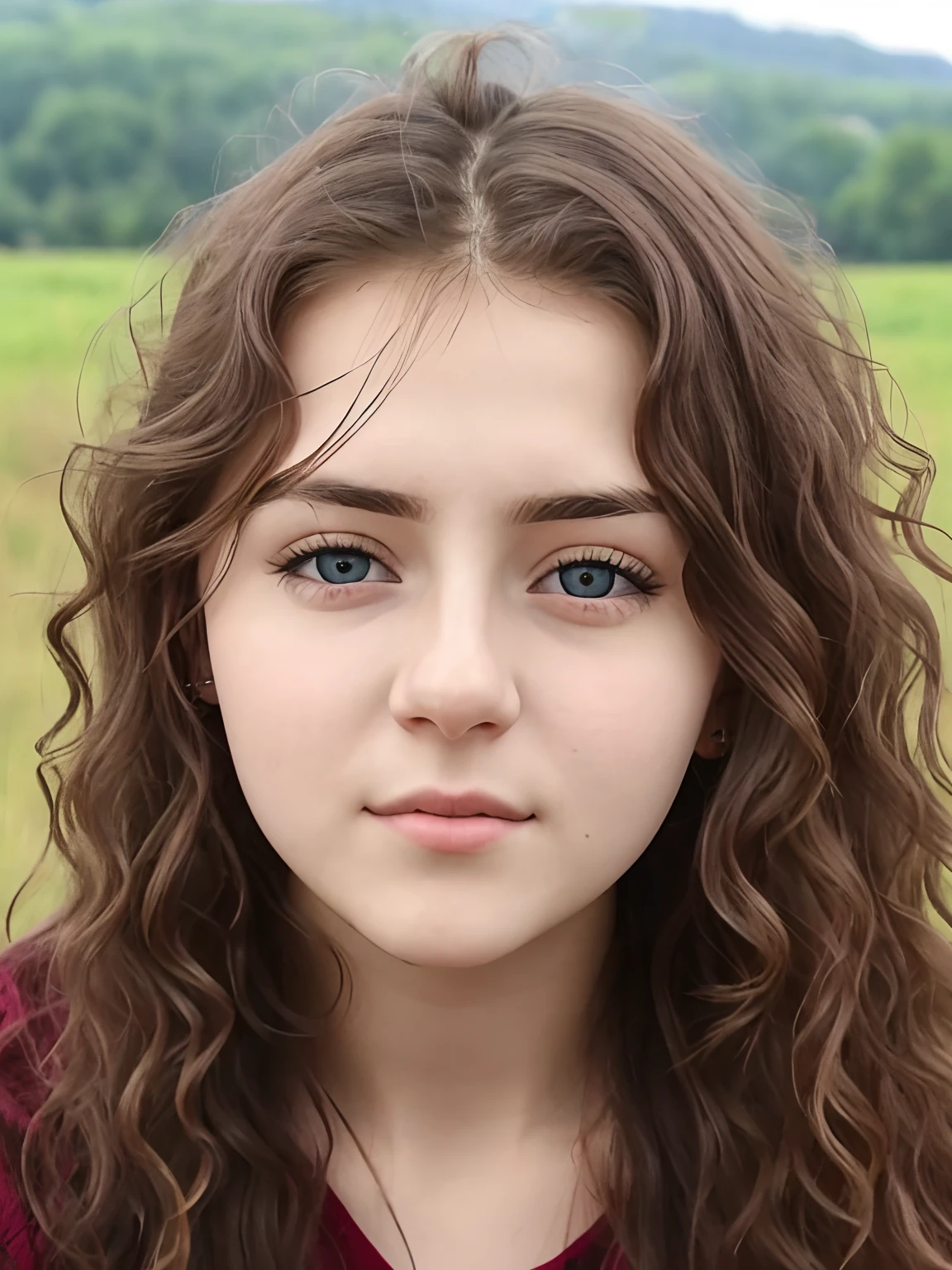 A 21 years old girl Face , in straight noise, big eye , thin lips , long curly hair, blue eyes, big tits, every detail of face , country side background,
