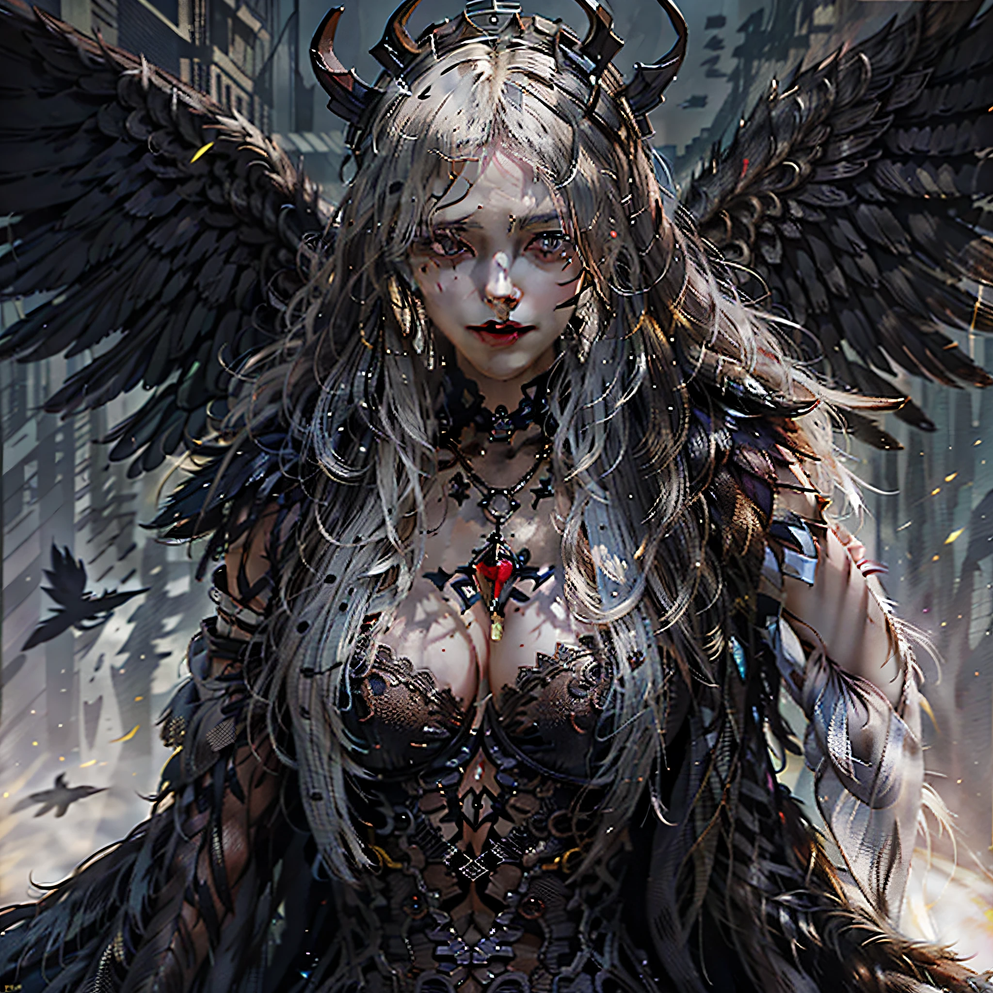 (Numerous award-winning masterpieces of, With incredible details, textures and maximum detail), (Ultra photo realsisim:1.4), (Realistic:1.3), (best quality real texture skin), finely quality eyes, finerly detailed face, ((medieval world)), (shinigami:1.4), (icy look in the eye), (She had a disgusting smile on her face), (It held a soul harvesting scythe in his hand:1.5), (Eyes that glow red in the dark), (Dramaticlight), (A majestic sight), Her countenance is gentle and beautiful, but somehow terrifying, (large wings,There are rough black feathers behind the shoulders:1.3), (Wearing a dark black hooded robe with intricate patterns:1.2), Folded wings, Skull pattern earrings, He was followed by a skeleton knight, (((Dramatic photo))), (Twilight), (Sunset), (Dusk), ((dramatic pose)), (flamboyant photo), (Golden hair), (Silver hair), (maroon hair), (full-body portraits:1.4), ((head looking up)), ((Looking down)), (full-body standing image:1.4), (gives full-body standing image:1.4), (Around her neck is a simple necklace of exquisite workmanship), The forgotten graves are overgrown with vegetation, The Great Necropolis, Underground labyrinth, Evil Temple Ruins, Sacrificial temples, mistic, (Magic array of ominous light:1.2), Ancient Castle Site, Ruins of a deserted cemetery, Collapsed tombs, Backwater Ancient Site, Swamp ruins, wavelets, running water, Shining majestic cloud masses and sky, salama, (A sack containing the soul of the harvest,Exudes a faint glow),