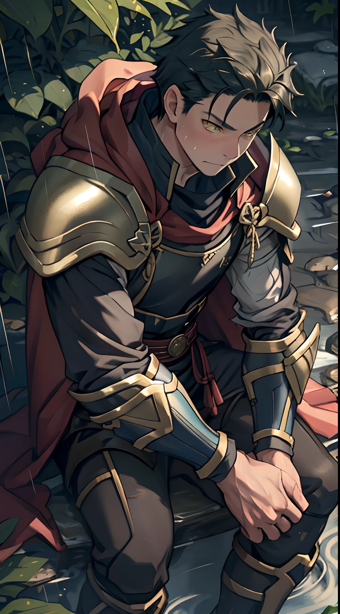 (1 Adult male),Hector Fey,A high resolution, Sharp focus, Pixiv masterpiece, ((Complicated details)), highly detailed, natsuki_subaru, 1 man,Lying in the mud, Lazy,full bodyesbian, Yellow eyes(eyes glowing), Short blue hair,Cloak,Armour,Shoulder armor,perspire,rain,Drenched,Sweaty crotch,look from down