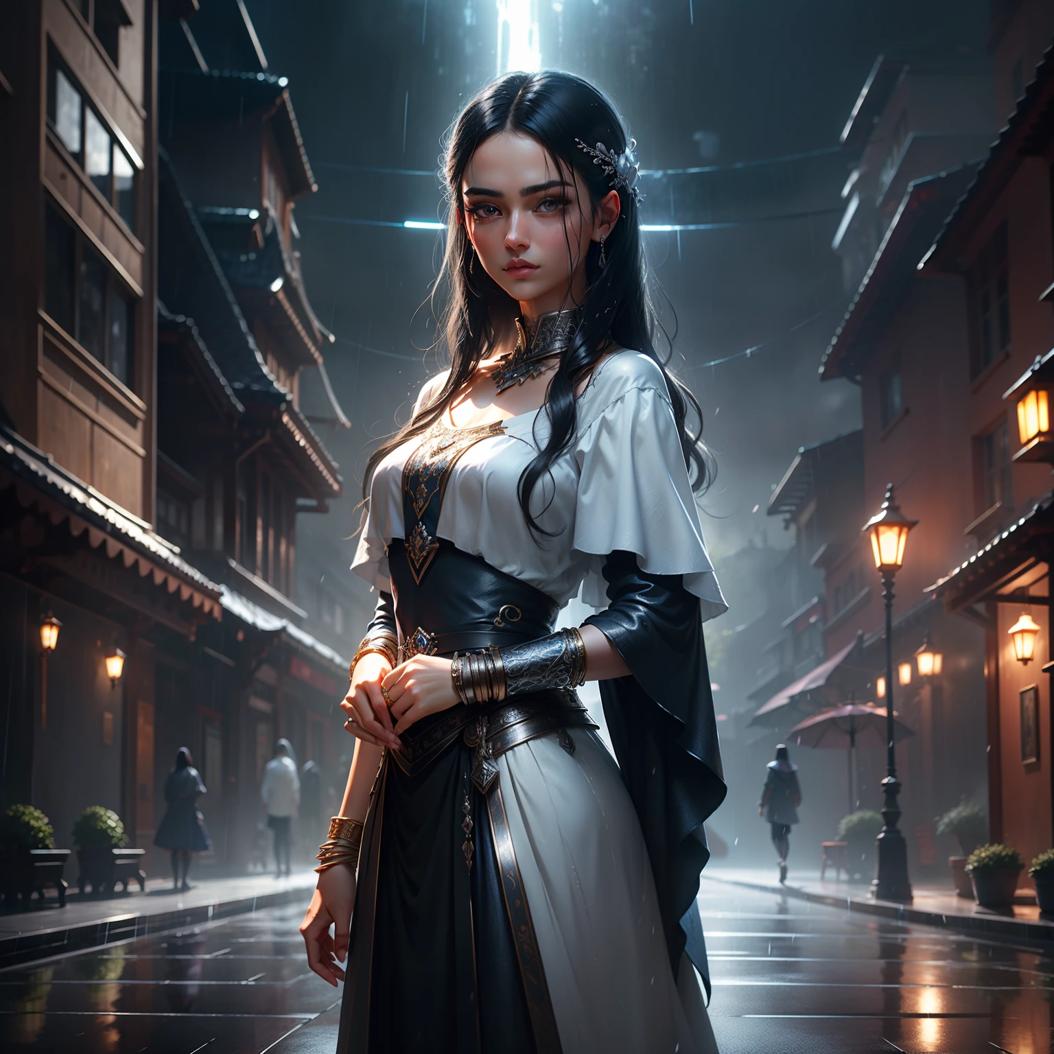 Silver bracelet,Silver collar,Dark blue clothes,Black Haired Woman(tmasterpiece, top-quality, offcial art, Beauty and aesthetics:1.2), tmasterpiece, Rain background, Blender cycle, volumettic light, fanciful, best qualtiy