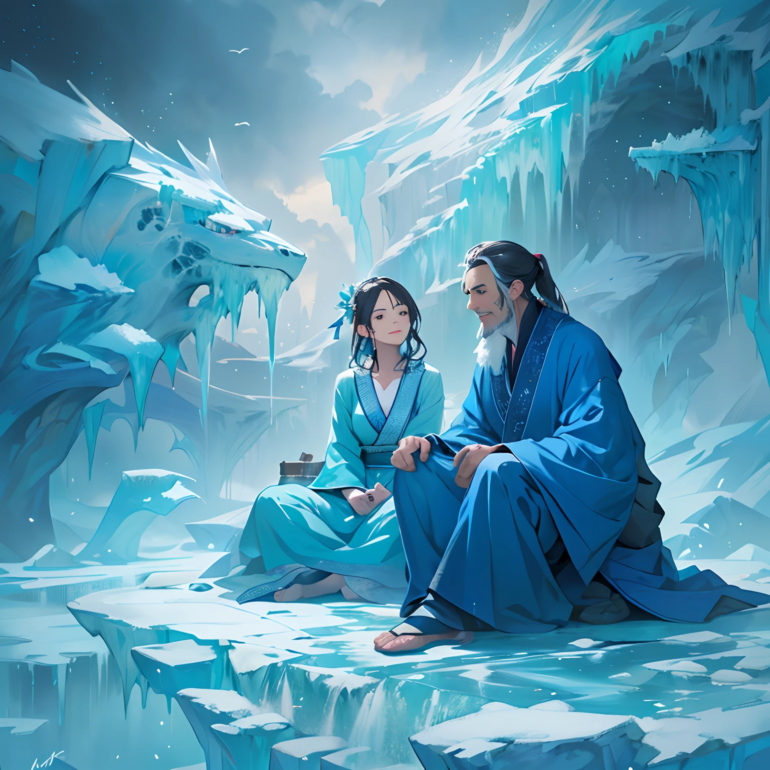 A woman sat up from the ice bed, with an old Taoist in a blue robe beside her. The girl had a puzzled expression on her face, while the old Taoist smiled gently. A cold air permeated around the ice bed, emitting a blue light. This painting was created in the style of Star Art Group's signature style - 32k pixels, top quality, masterpiece level, with extremely high details and exquisite craftsmanship.