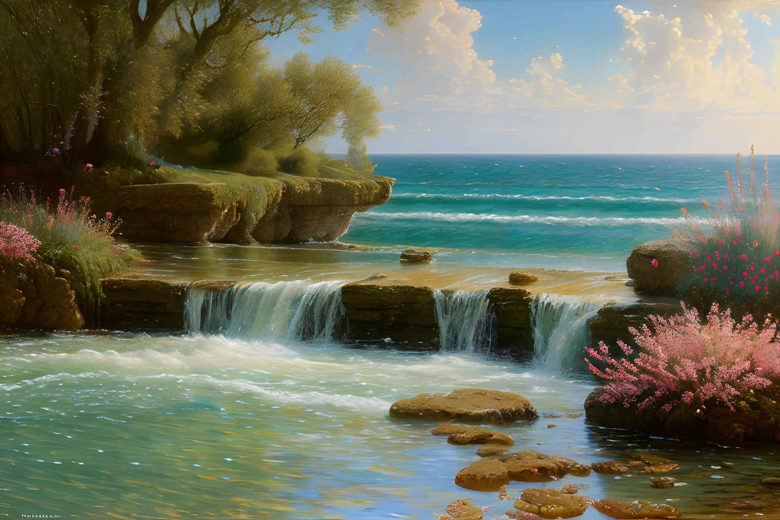 paysage mer, Eau, fleurs, (Highly detailed CG Unit 8k wallpaper), The most beautiful work of art in the world, Professional majestic oil painting, complexe, High detail, mise au point nette, dramatique, Art of photorealist painting, Alma Tadema
