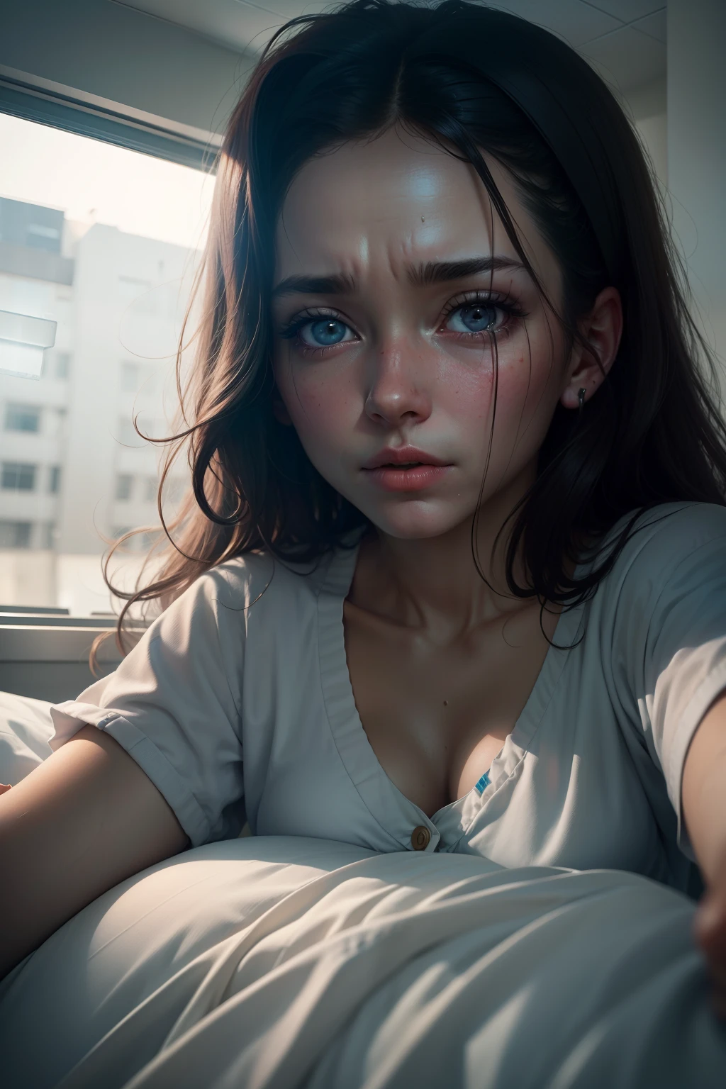 Sick-looking woman lying in hospital bed, dark circles curled around her eyes (obra-prima) (8k high resolution) (melhor qualidade) (Ultra Definition) (Ultra realista)(Foto RAW) (Foto realista) (bright illumination)