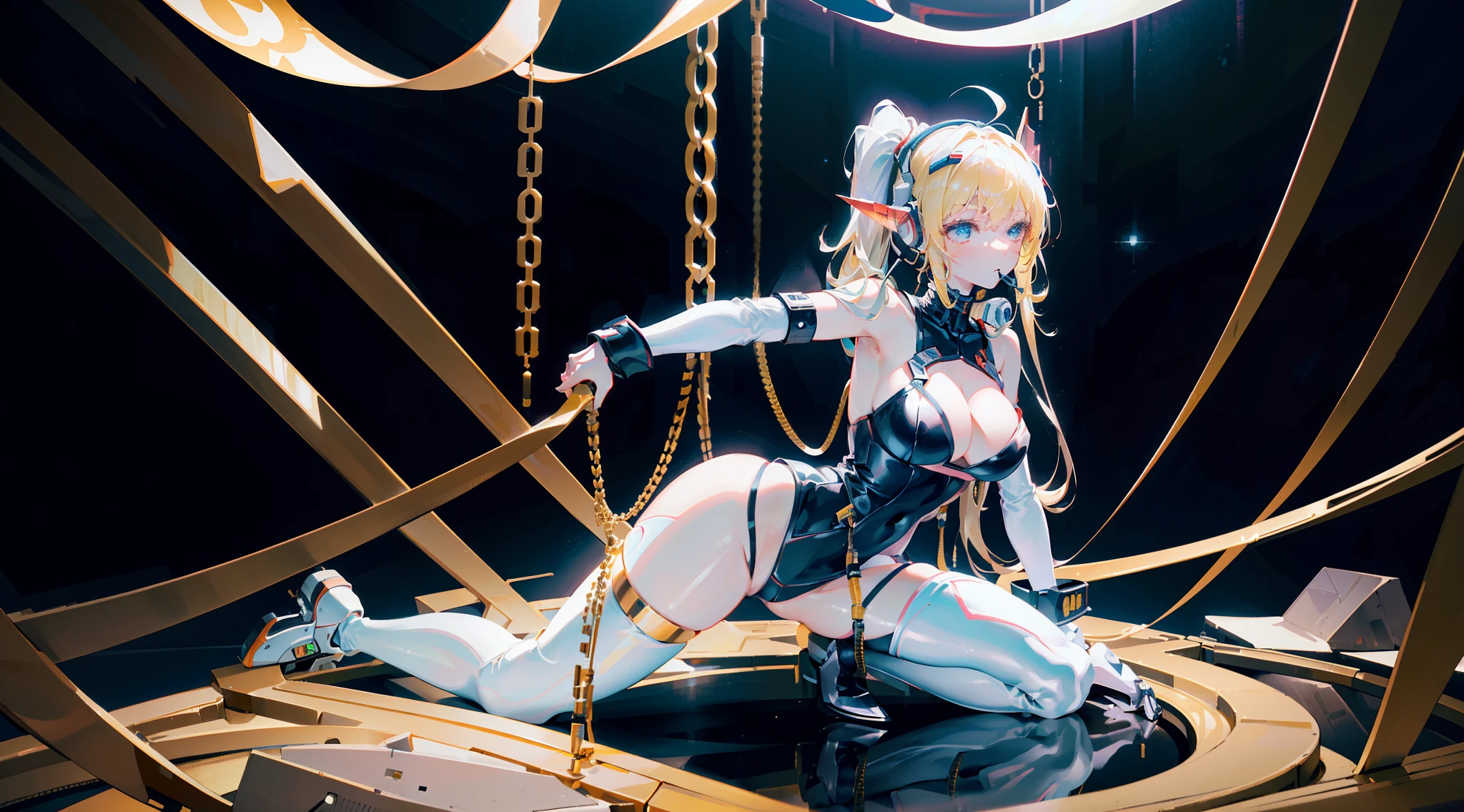 (Top view), Dynamic angle, Ultra detailed, Illustration, Close up, Straight Straight, 1 Girl,
 ((souryuu Asuka Lanley, interface headphones, red tights: 1.4, blonde)), her eyes shine like dreamy stars, (glowing eyes: 1.233), (beautiful and delicate eyes: 1.1), (expressionless, mouth closed), (standing),
(mechanical room with tools and spaceship windows in the white spaceship),
(night: 1.2), dreamy, [[slender fingers and hands: 0.55]::0.85], (detail fingers),