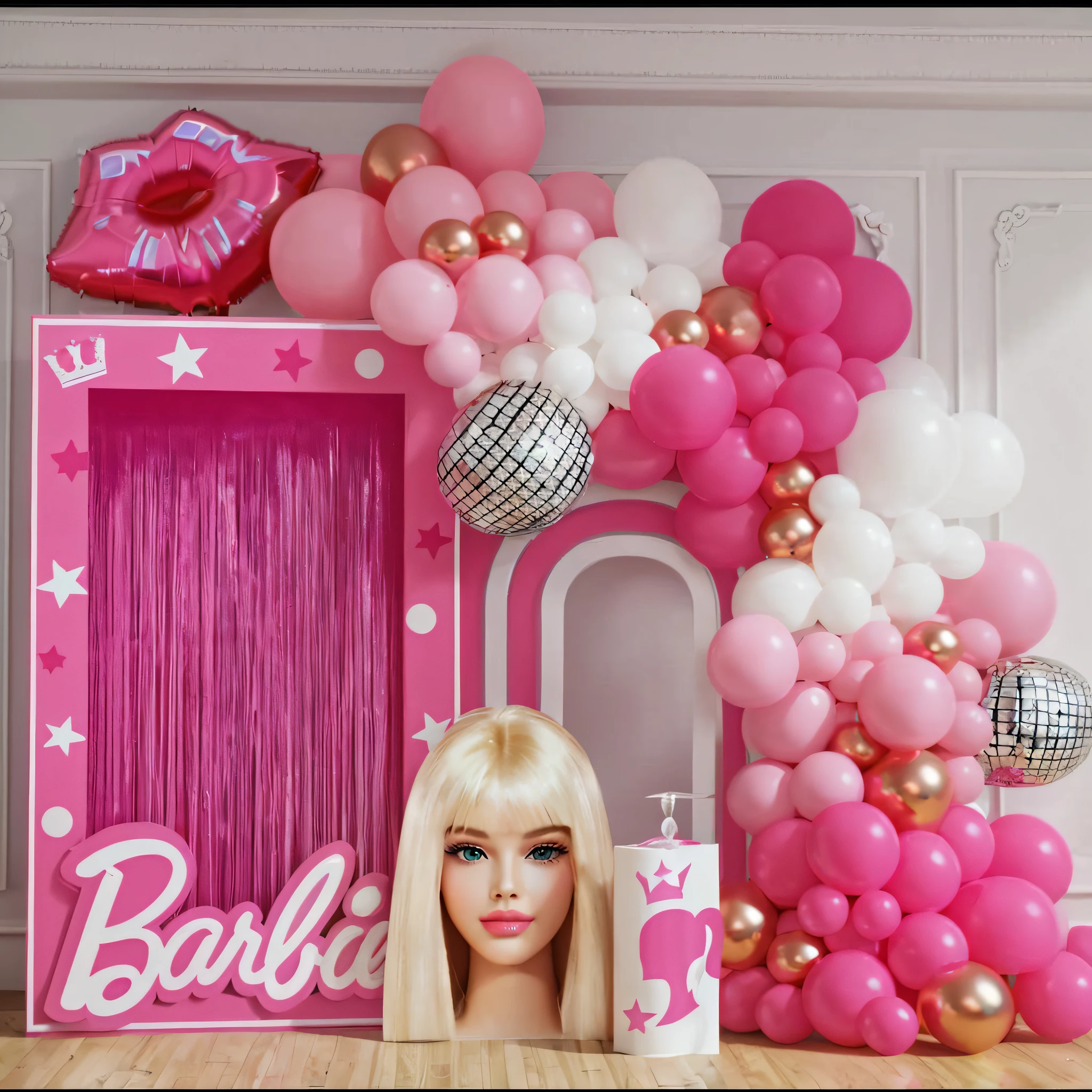Close-up of Barbie with pink and white balloon arches, Barbie, barbiecore, pink iconic character, plastic barbie doll, Portrait of Barbie, party balloons, Barbie or Ken dolls, Aesthetic!!, highly aesthetic, artist unknown, pink arches, bubblegum pop, Girly heart, Very aesthetic!, foamy, bubble gum, fantasy themed,hyper realisitc, photograph of-realistic,A photograph, A car,Face with golden proportions,High quality aesthetic,Complex Hasselblad camera RAW format,best qualityer, tmasterpiece, (Realistis:1.2),50mm, F1.2, EOS-1D X Mark III
