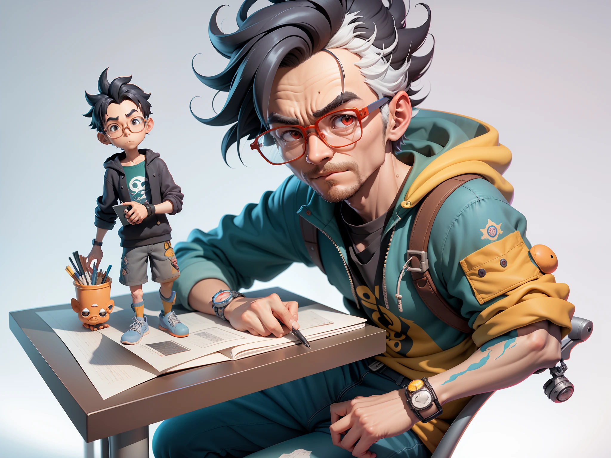 A young man with glasses sits at his desk，holding laptop，digitial painting，3D character design by Mark Clairen and Pixar and Hayao Miyazaki and Akira Toriyama，4K HD illustration，Very detailed facial features and cartoon-style visuals。