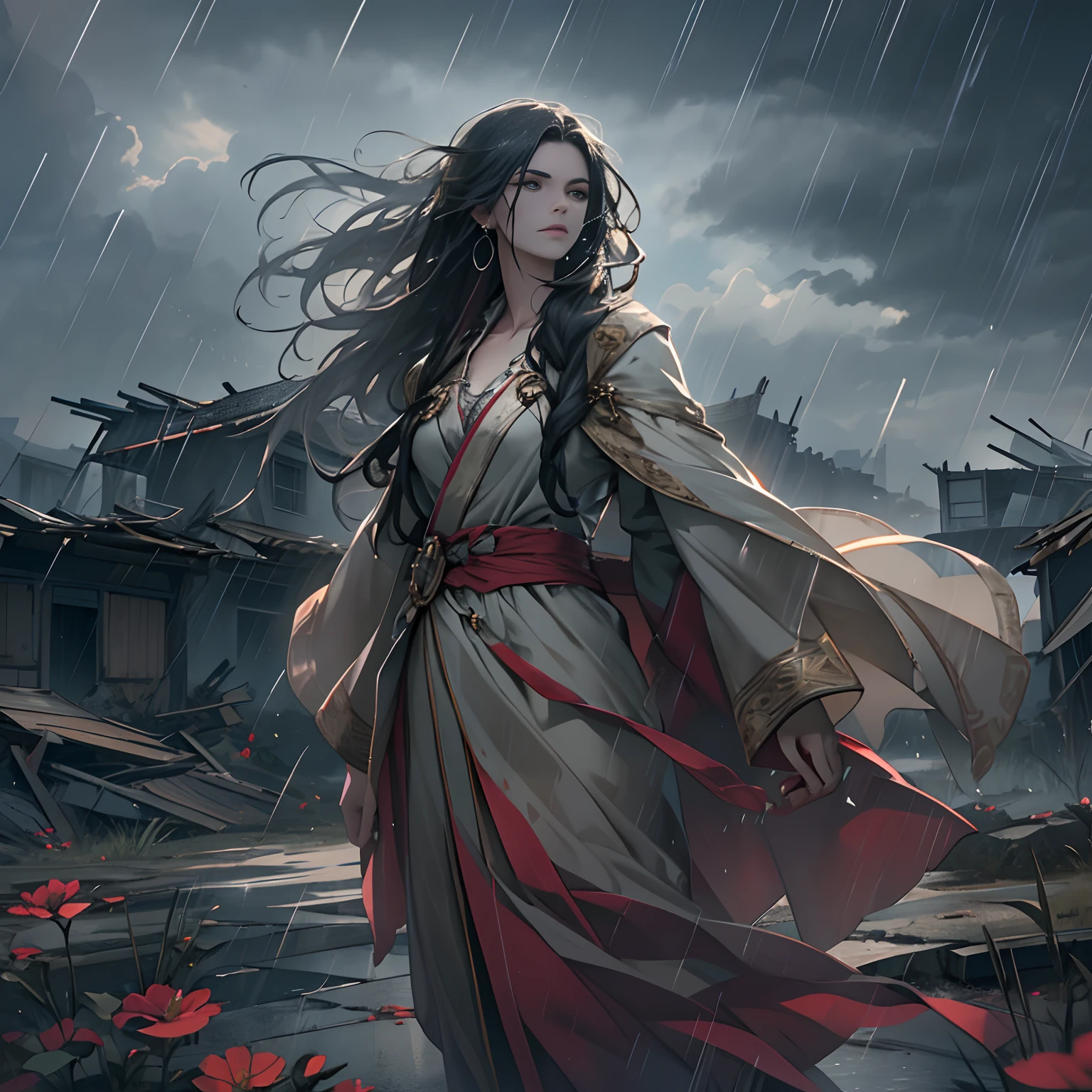 A woman with the power of immortality stands alone in the wind and rain, wearing a magnificent robe, her long hair flowing in the breeze. Surrounding her are desolate lands and dilapidated buildings, without any sign of human presence.