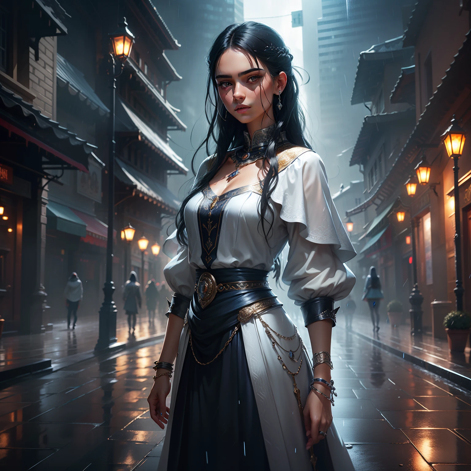 Silver bracelet,Silver collar,Dark blue clothes,Black Haired Woman(tmasterpiece, top-quality, offcial art, Beauty and aesthetics:1.2), tmasterpiece, Rain background, Blender cycle, volumettic light, fanciful, best qualtiy