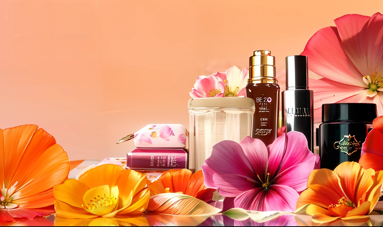 Close up of a bunch of different cosmetics on pink background, beauty shot, summer vibrance, Clear detail, beauty campaign, insanely beautiful, vintage glow, The most beautiful, breathtaking look, lush paradise, exquisite floral details, with colorful flowers and plants, stunningly beautiful, Beautiful look, floral renewal, flowers and gold, jaw-droppingly beautiful