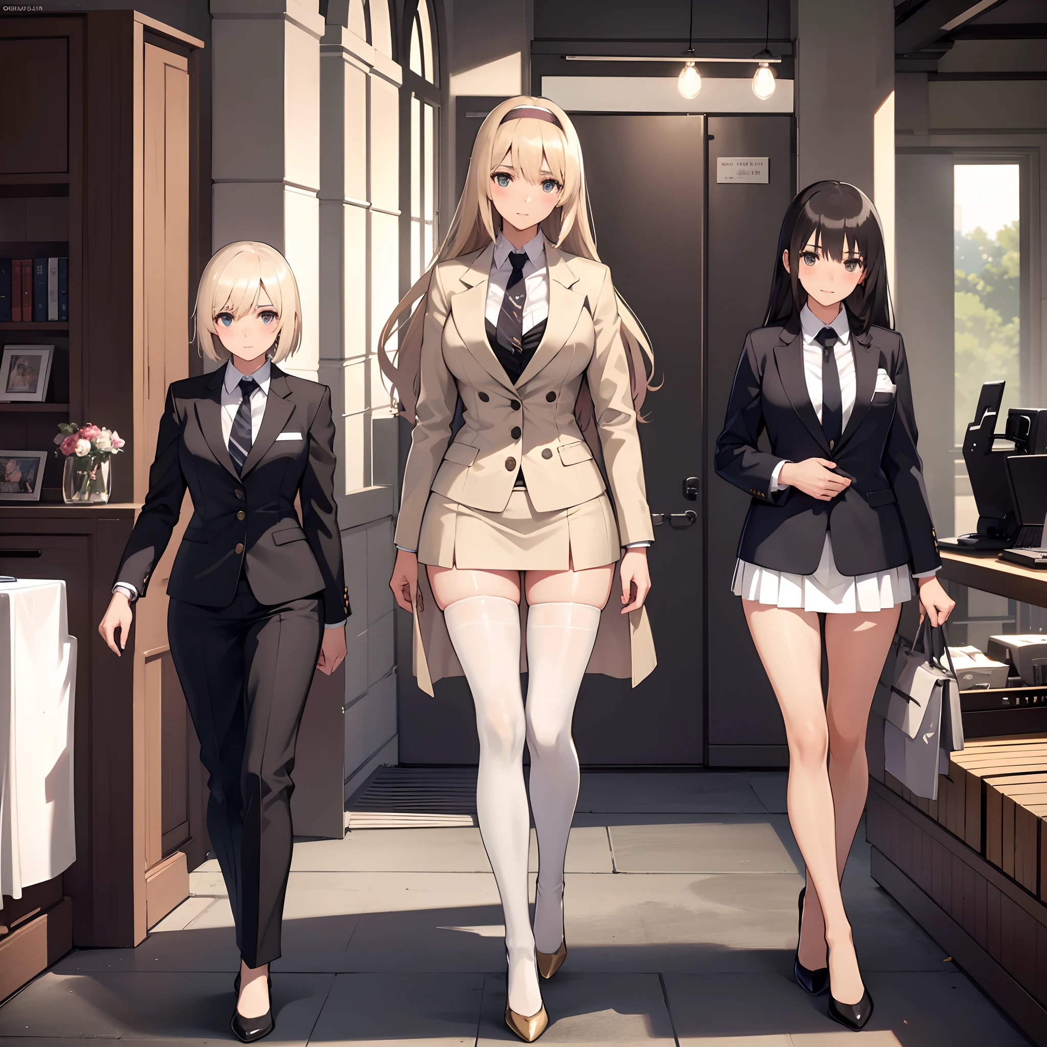 There is a woman in a tanned suit and white shoes, tan suit, elegant suit, Girl in a suit, Girl in suit, in a business suit, Business Suit, wearing a business suit, luxurious suit, Wearing a business suit, business outfit, gold suit, Woman in business suit, wearing jacket and skirt, business clothes, female in office dress, nun,large breasts,(((mature female,adult female))),25 years old,church,thong,(skirt),multiple 3girls,thighhighs,(white panties), in bedroom,groin,blush,cleavage,in heat,happy,