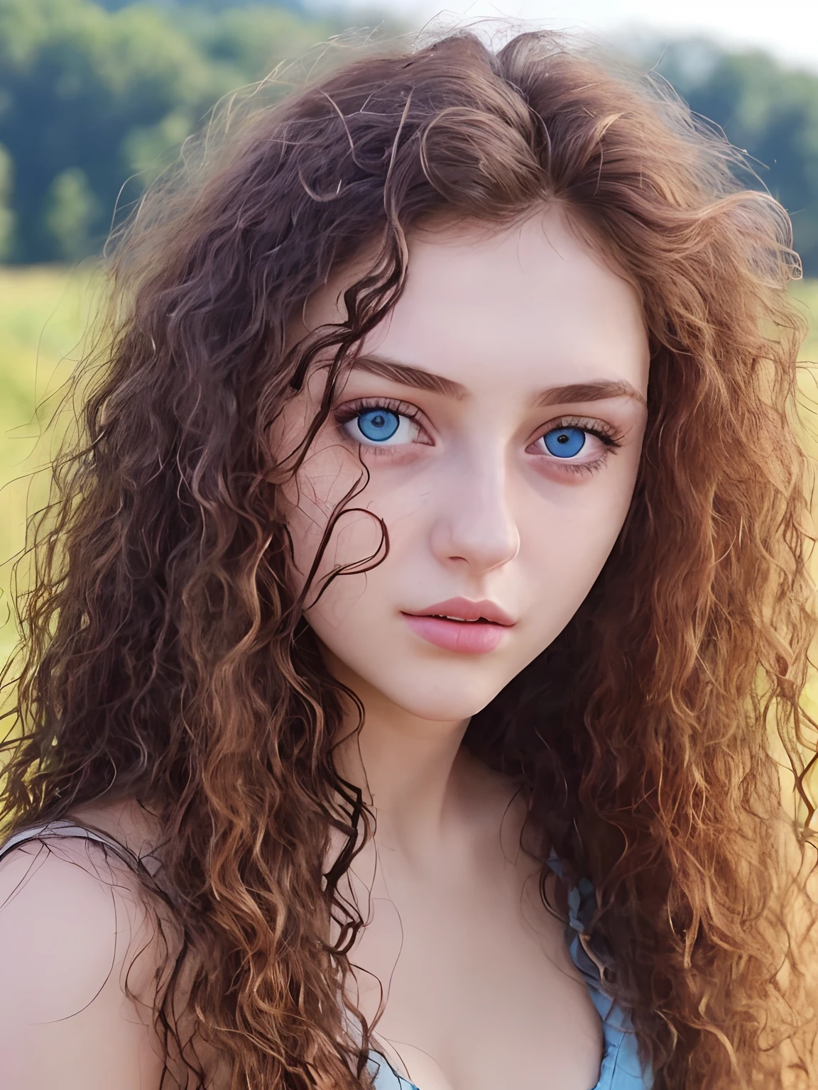 A 21 years old girl Face , in straight noise, big eye , thin lips , long curly hair, blue eyes, attractive figure, every detail of face , country side background