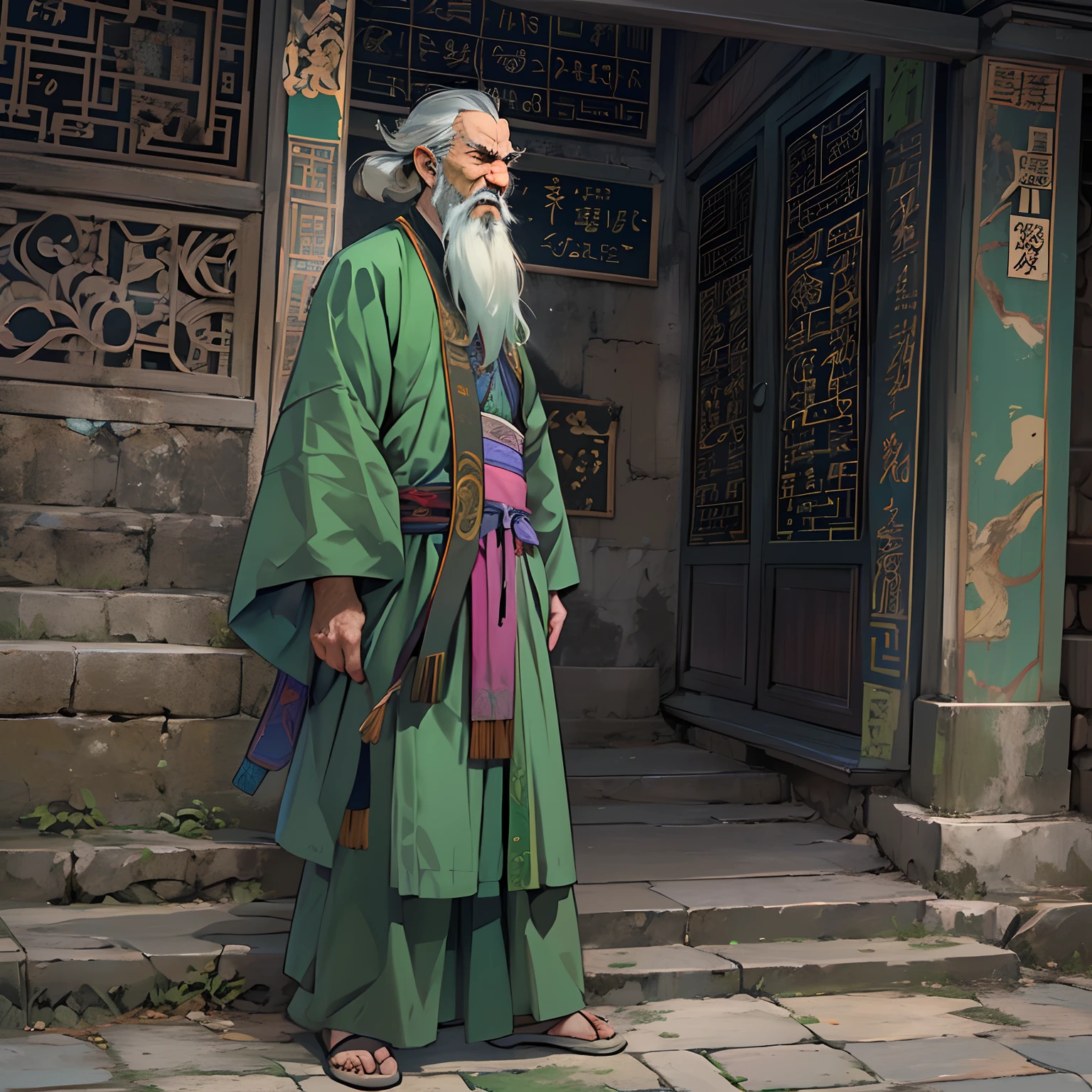 An elderly Taoist, dressed in a green robe, stood before me. His temples and beard were already white with age. I looked at him and jokingly said with a hint of nostalgia.