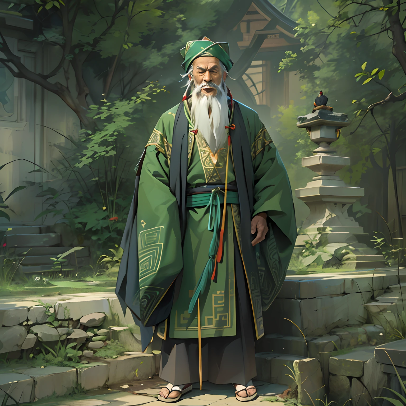 An elderly Taoist, dressed in a green robe, stood before me. His temples and beard were already white with age. I looked at him and jokingly said with a hint of nostalgia.