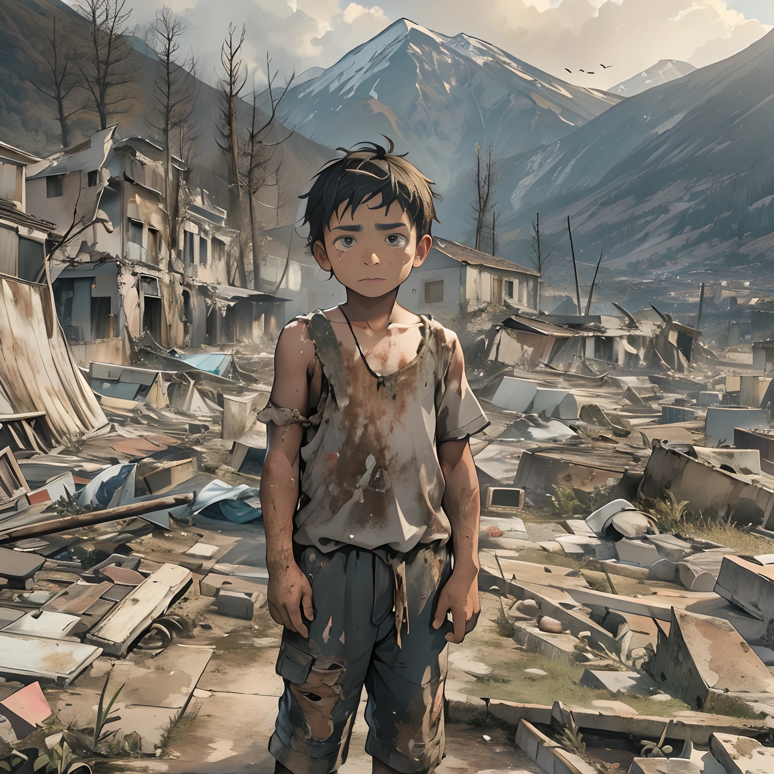 A young boy, standing amidst the ruins of disaster victims at the foot of the mountain, wearing dirty clothes and a sorrowful expression. The scenery below the mountain reflects a scene of devastation and desolation.