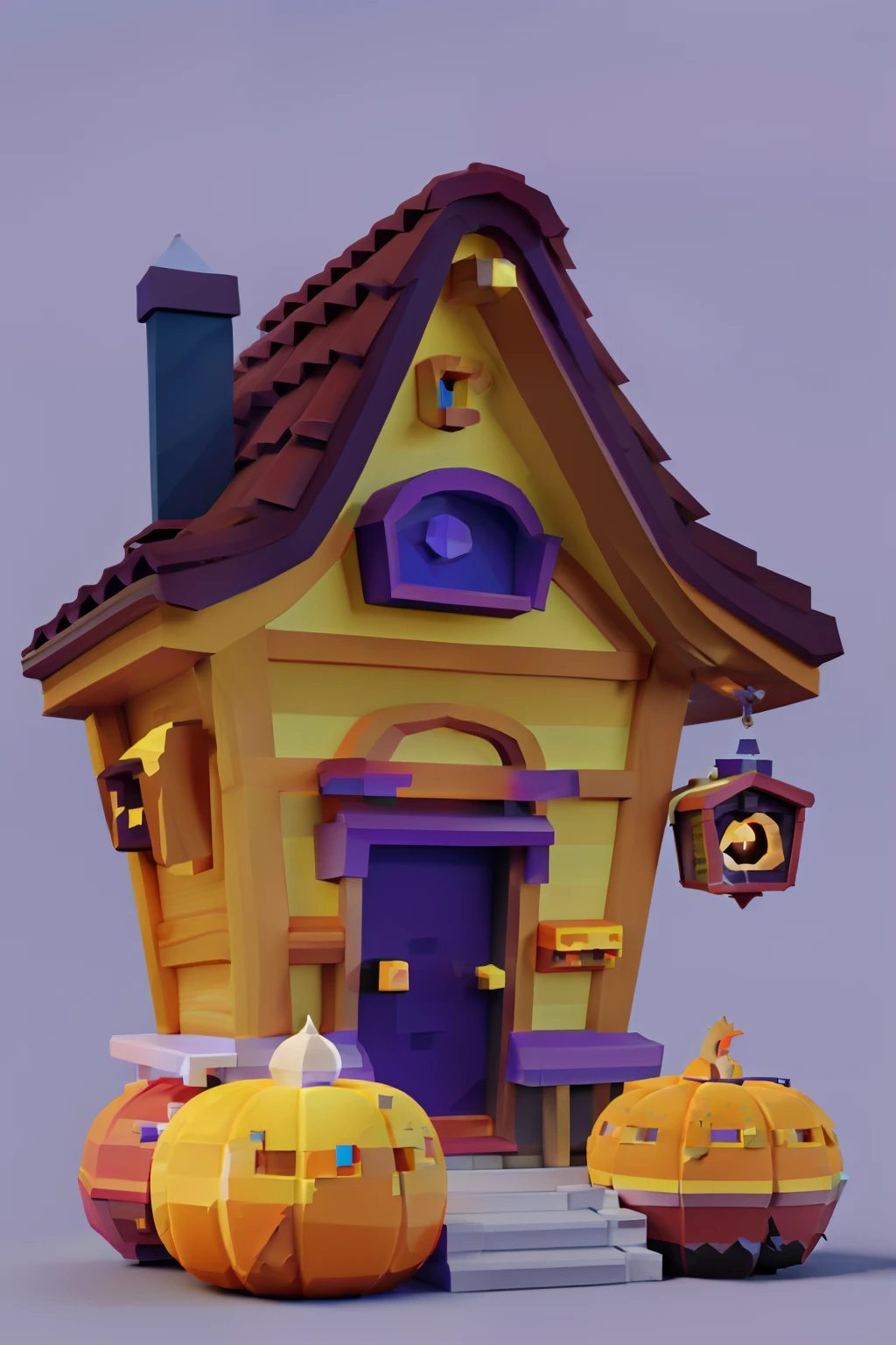 Scenes，Magic scenes，Magic House，broom，jack-o-lanterns，Thorns， Game Asset style in a low poly model，magicle world，Magic House，Unique blue tones，Isometric lens，16-bit pixel art，astrology，planetarium，observatory，Eaves in unique colors，interesting background，Pumpkin house， a blind box toy， Fine gloss，planar， a 3D render， oc rendered， best qualtiy， 4K， ultra - detailed