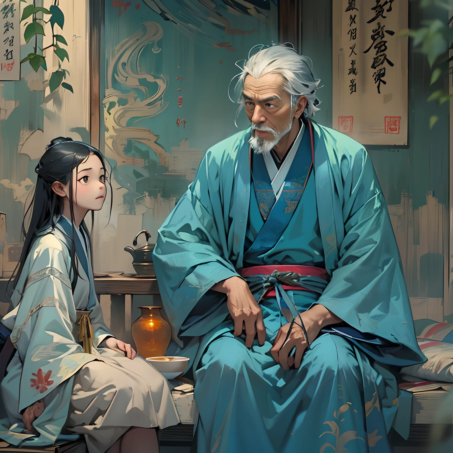 A old Taoist priest in a blue robe gazes at a bright and popular young girl, with a hint of melancholy on his face. The atmosphere around is filled with warmth, as if time has stood still in the past.