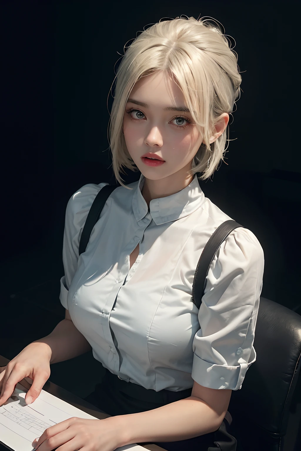 "A 20-year-old woman with black hair and a hi-top fade hairstyle (weight: 1.3) in a office theme. The image should have soothing tones, muted colors, and high contrast. Focus on capturing the natural skin texture with hyperrealism, using soft light and sharp details. Show her working as an accountant, typing on a computer keyboard."