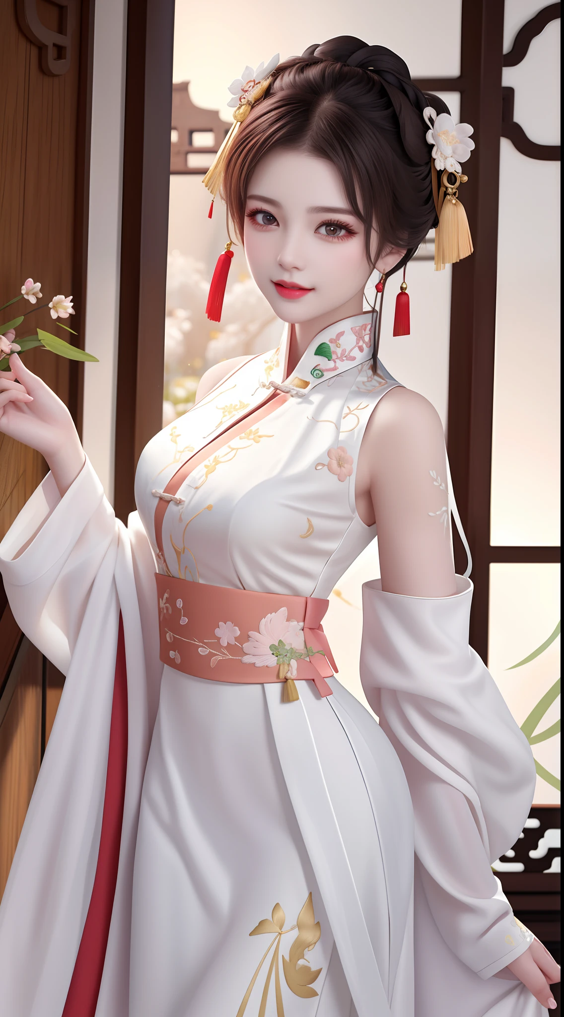 Need,tmasterpiece,A high resolution,1girll,Blushlush,(Seductive smile:0.8),starpupil,Chinese shoulder suction red Hanfu,hair adornments,choker necklace,trinkets,beautfully face,On_Body,Tindal effect,Lifelike,Shadow room,Light edges,Two-tone lighting,(highdetailskin:1.2),8K, Ultra HD,Slr,softlighting,high high quality,Volumetriclighting,Candid camera,photore,A high resolution,4K,8K,Antique bust photo in the background: A girl about 22 years old,Perfectcomposition,Precise and perfect human anatomy,Golden ratio creation,Surreal and realistic。Detailed skin details,White skin of the,shiny skin,Creamy glowing skin,Skin that is white and red。Exquisite depiction of facial features,Perfect makeup,Detailed depiction of the face,Clean and flawless face。A sweet smile,Smile without showing your teeth。Extremely detailed depiction of hair,Long black hair,Hair coiled,tying hair,High bun,The wind blew away the hair。Eyebrows upturned,long eyelasher,二重まぶた。Affectionate eyes,Big bright eyes,Sweet with lying silkworms。High nose bridge。Thin lips,Pink lip gloss,Straight teeth。Delicate collarbones。Delicate pendant,Ear ring。Perfect tall figure,Get it all together,Long legs and thin waist,Skinny beauty,Can't be too thin。Straight chest,medium boob。Keep your head up and your chest up,Look ahead,Face the lens,Stand。Ancient architectural background(((Chinese style new Chinese white embroidered dress)),half-body photo