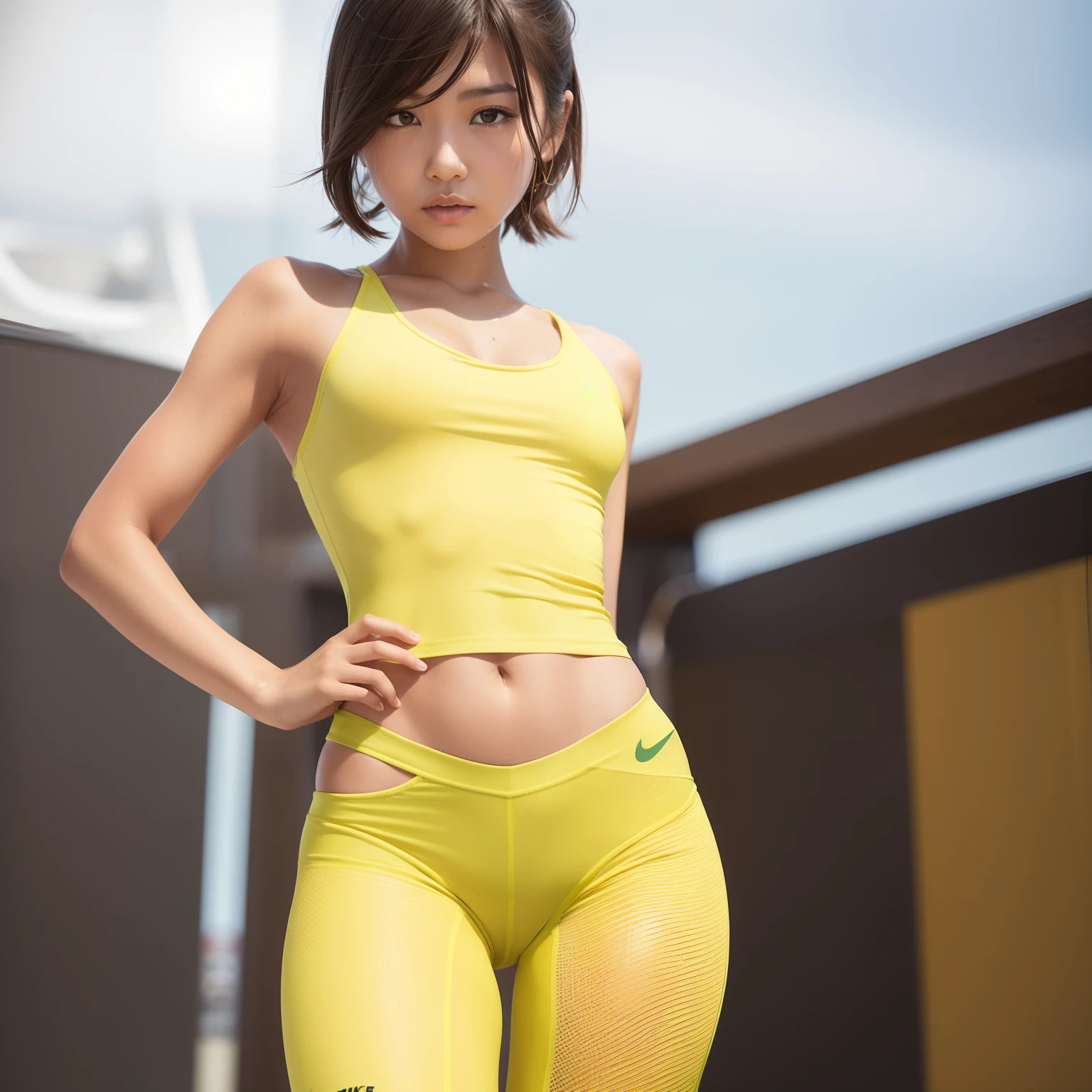(Solo), (a detailed full-body RAW photo of a girl), (masutepiece:1.0), (Best Quality:1.4), (超A high resolution:1.2), (Photorealistic:1.4), 8K resolution, Canon EOS R5, 50 millimeters, absurderes, ultra-detailliert, (40yo), back focus, Cinematic lighting, Detailed beautiful face, (no-makeup:1.2), (ulzzang -6500-v1.1), petite figure, Detailed skin texture, (flat chest:1.4), (skinny and fit body:1.6), Detailed brown hair, sweltering,(Very short hair:1.5), See Through wear, (yellow and green Nike Wet Thin Competition Athletic Wear sports tights:1.5), More transparent, low rise, realistic glistening skin, Detailed texture, (erect nipples:1.5), stylish pose, (:0.2), Very small, (masami nagasawa:0.6), Cameltoe, well-developed abs, bikini tan,