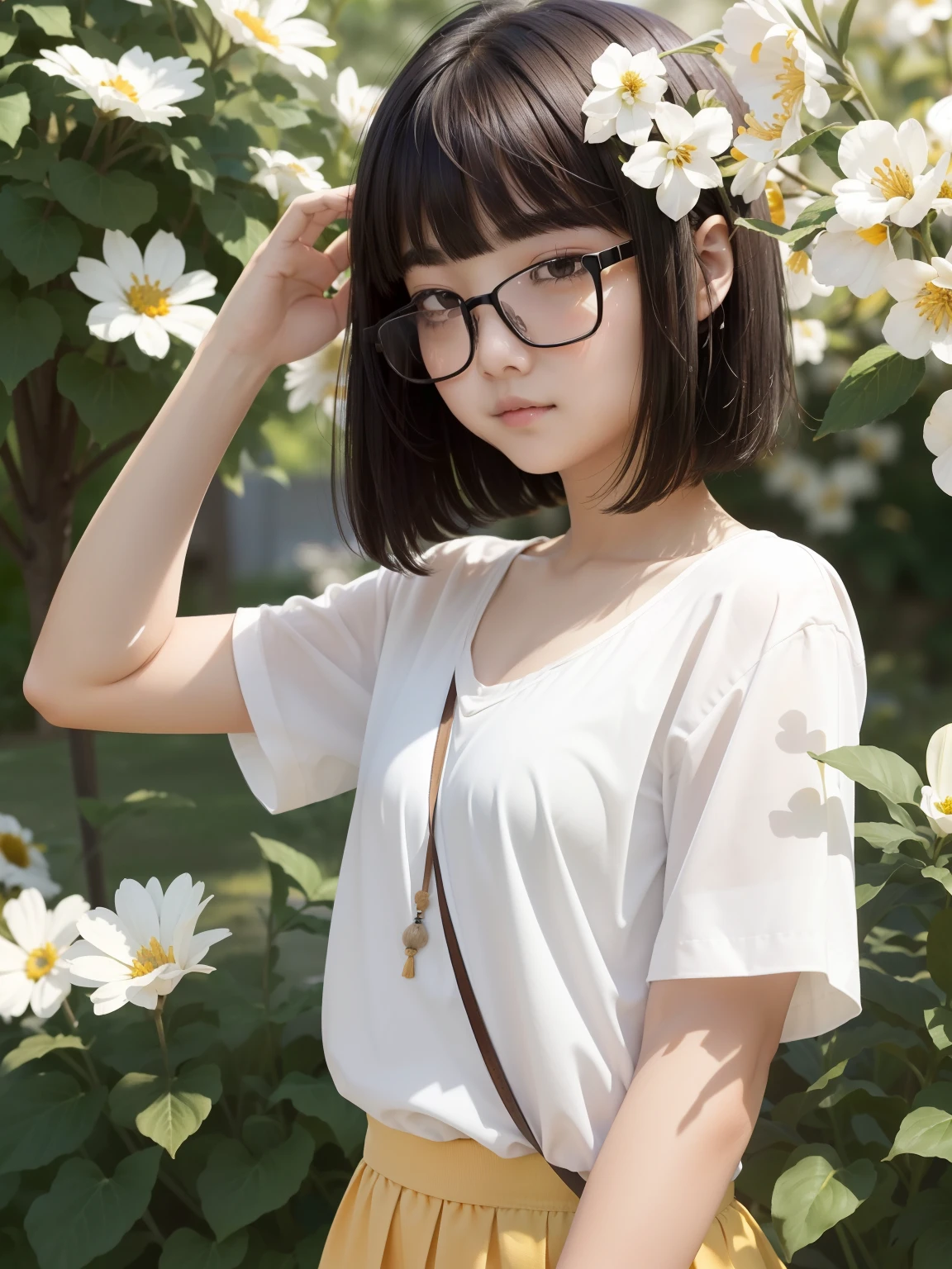 (​masterpiece、best qualtiy、one girls、a junior high school student、A dark-haired、short-hair、straight haired、Light brown eyes、hair adornments、wearing black glasses、cute  face)、There are many summer flowers around
