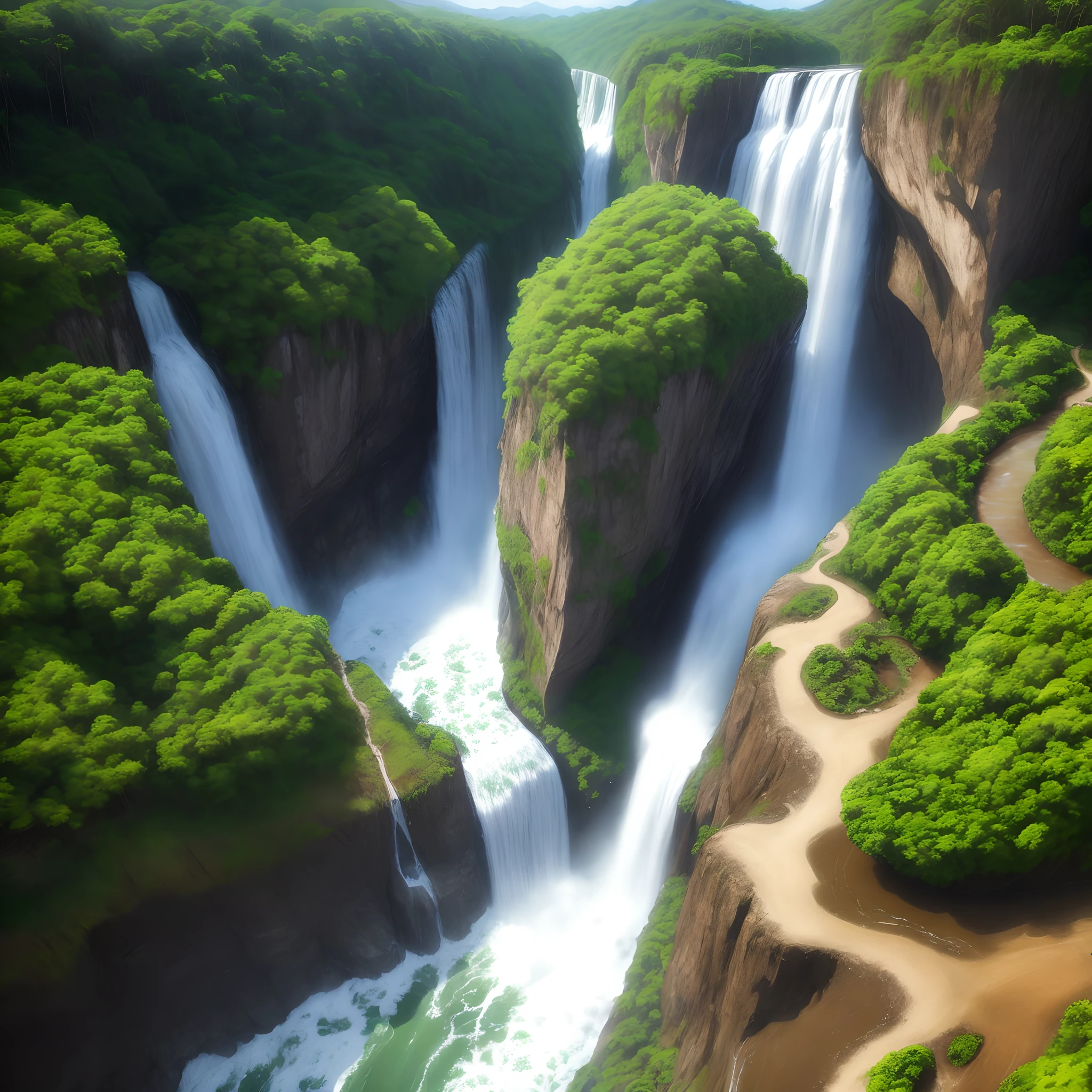 Model over the Atlantic Forest with a waterfall and a river passing through the middle
